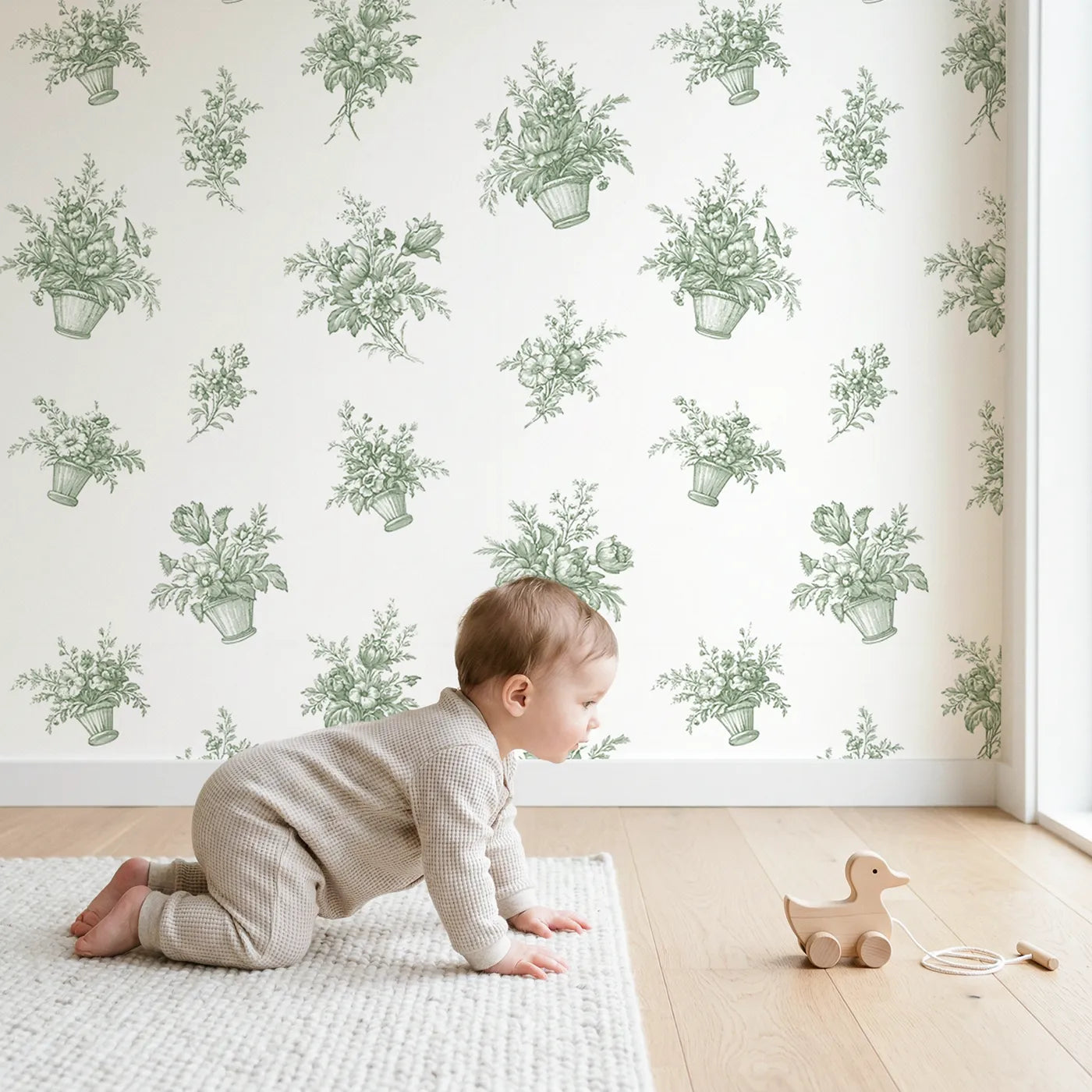 Flower Basket Toile Rows in Green wallpaper in a cozy kids room - Whimsy Tots