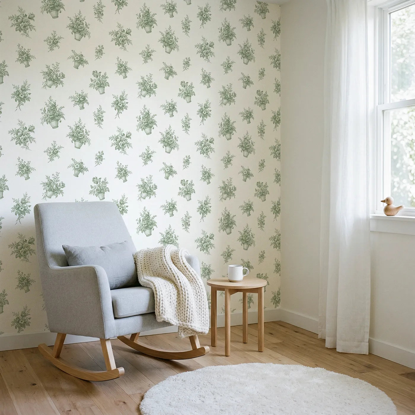 Flower Basket Toile Rows in Green wallpaper in a styled nursery - Whimsy Tots
