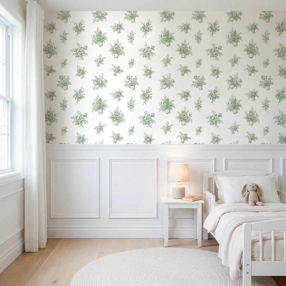Flower Basket Toile Rows in Green wallpaper above wainscoting - Whimsy Tots