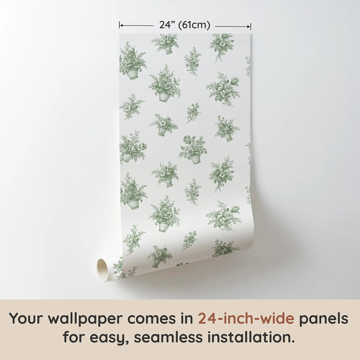 Flower Basket Toile Rows in Green wallpaper panel dimensions - Whimsy Tots