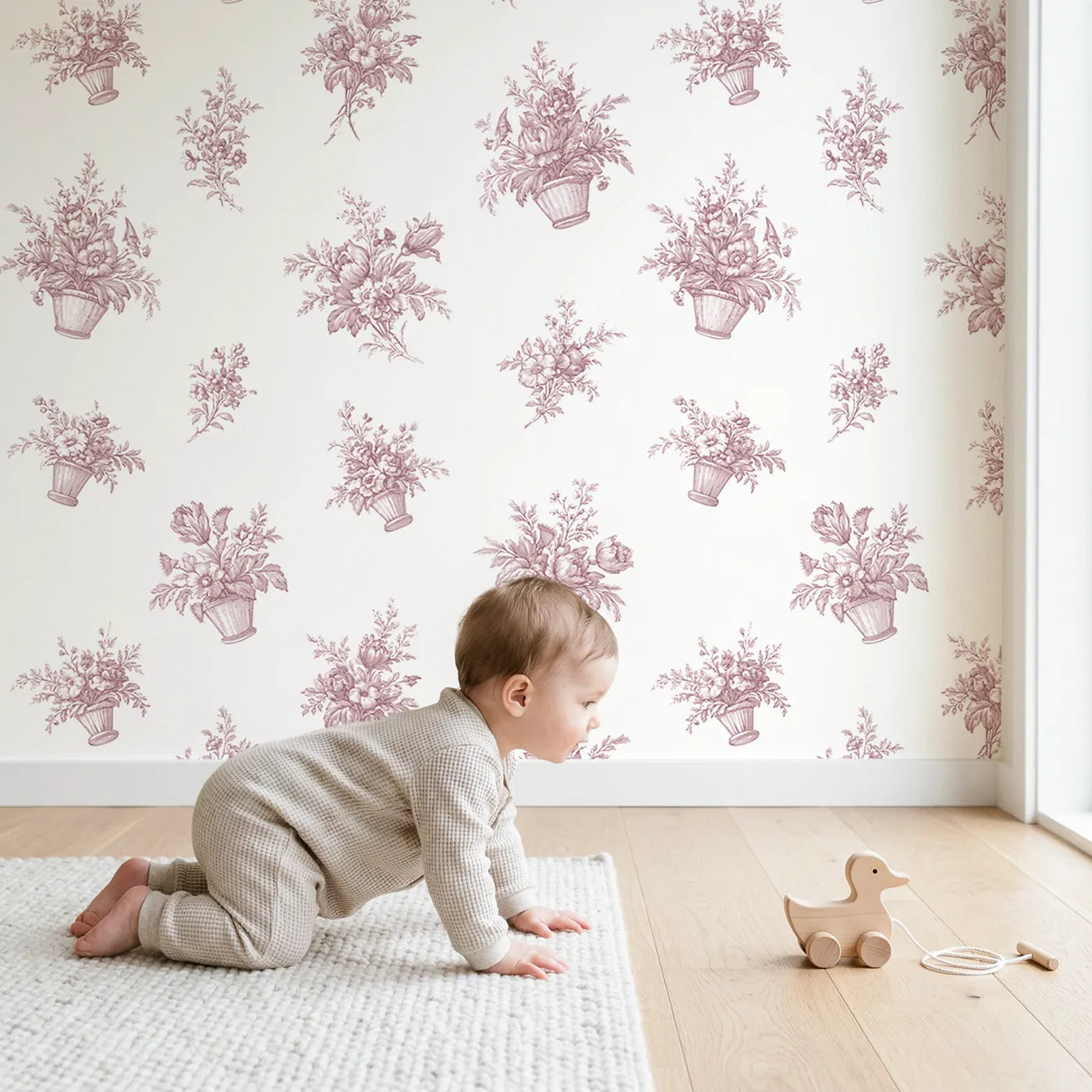 Flower Basket Toile Rows in Pink wallpaper in a cozy kids room - Whimsy Tots