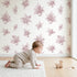 Flower Basket Toile Rows in Pink wallpaper in a cozy kids room - Whimsy Tots