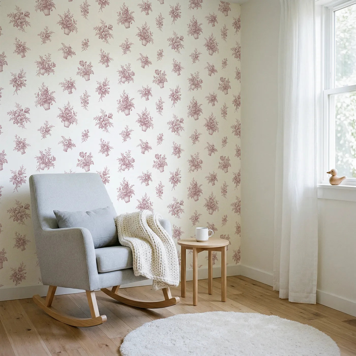 Flower Basket Toile Rows in Pink wallpaper in a styled nursery - Whimsy Tots