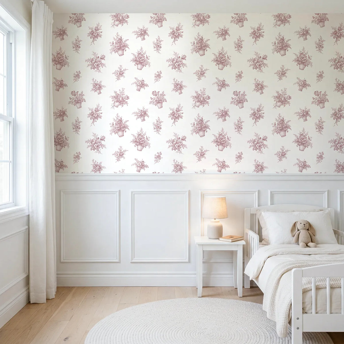 Flower Basket Toile Rows in Pink wallpaper above wainscoting - Whimsy Tots