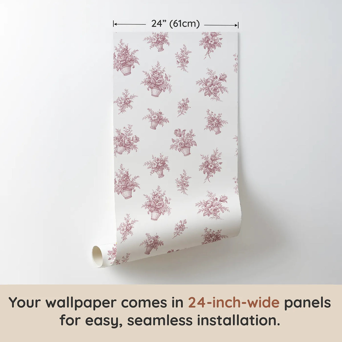Flower Basket Toile Rows in Pink wallpaper panel dimensions - Whimsy Tots