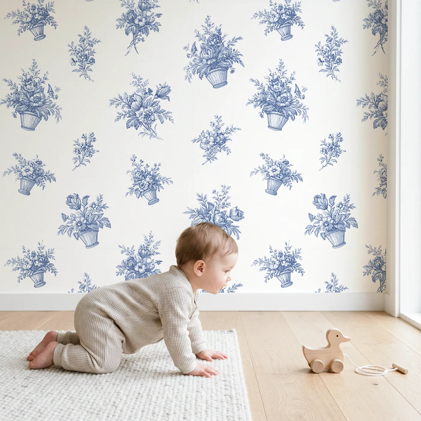 Flower Basket Toile Rows wallpaper in a cozy kids room - Whimsy Tots
