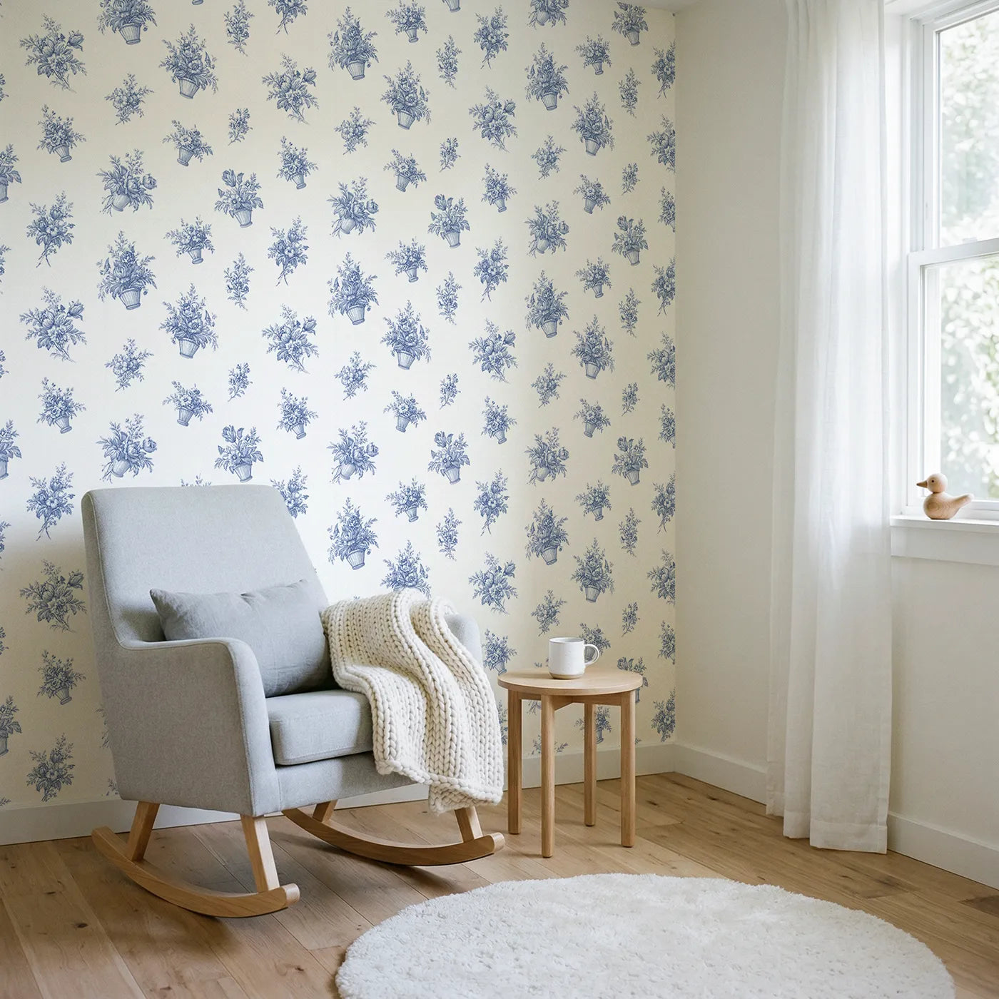 Flower Basket Toile Rows wallpaper in a styled nursery - Whimsy Tots