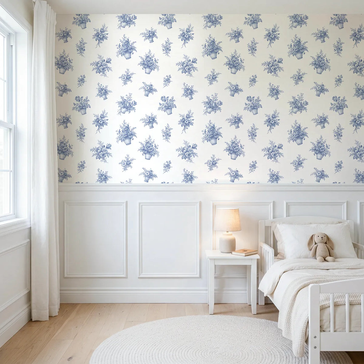 Flower Basket Toile Rows wallpaper above wainscoting - Whimsy Tots