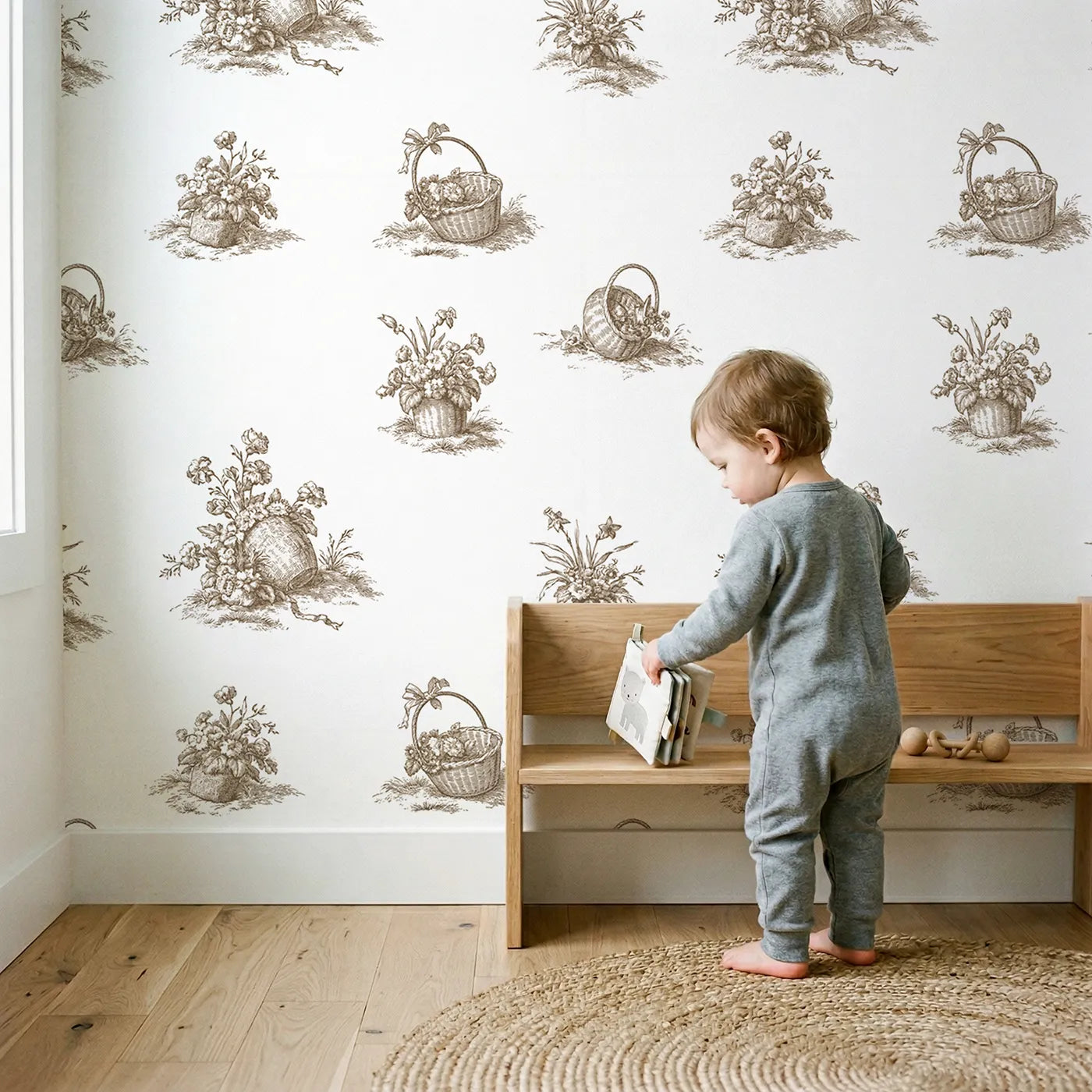 Flower Basket Toile Scene in Brown wallpaper in a cozy kids room - Whimsy Tots