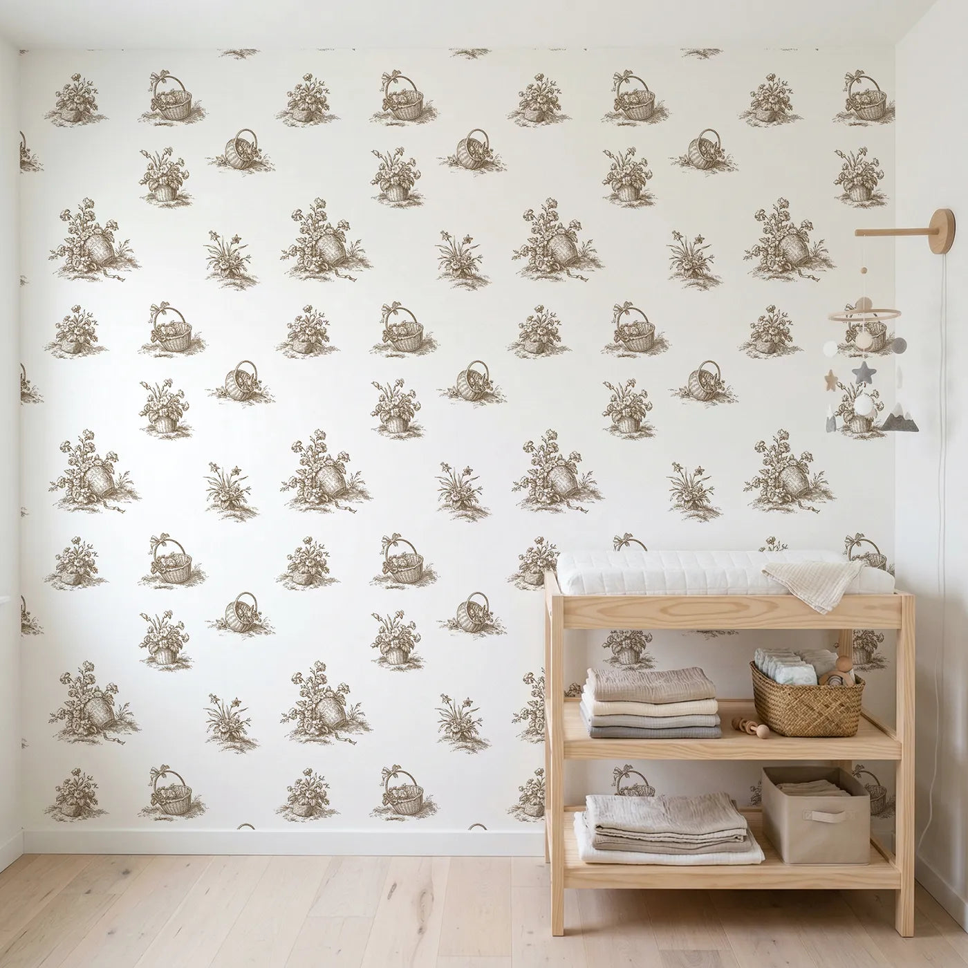 Flower Basket Toile Scene in Brown wallpaper in a styled nursery - Whimsy Tots