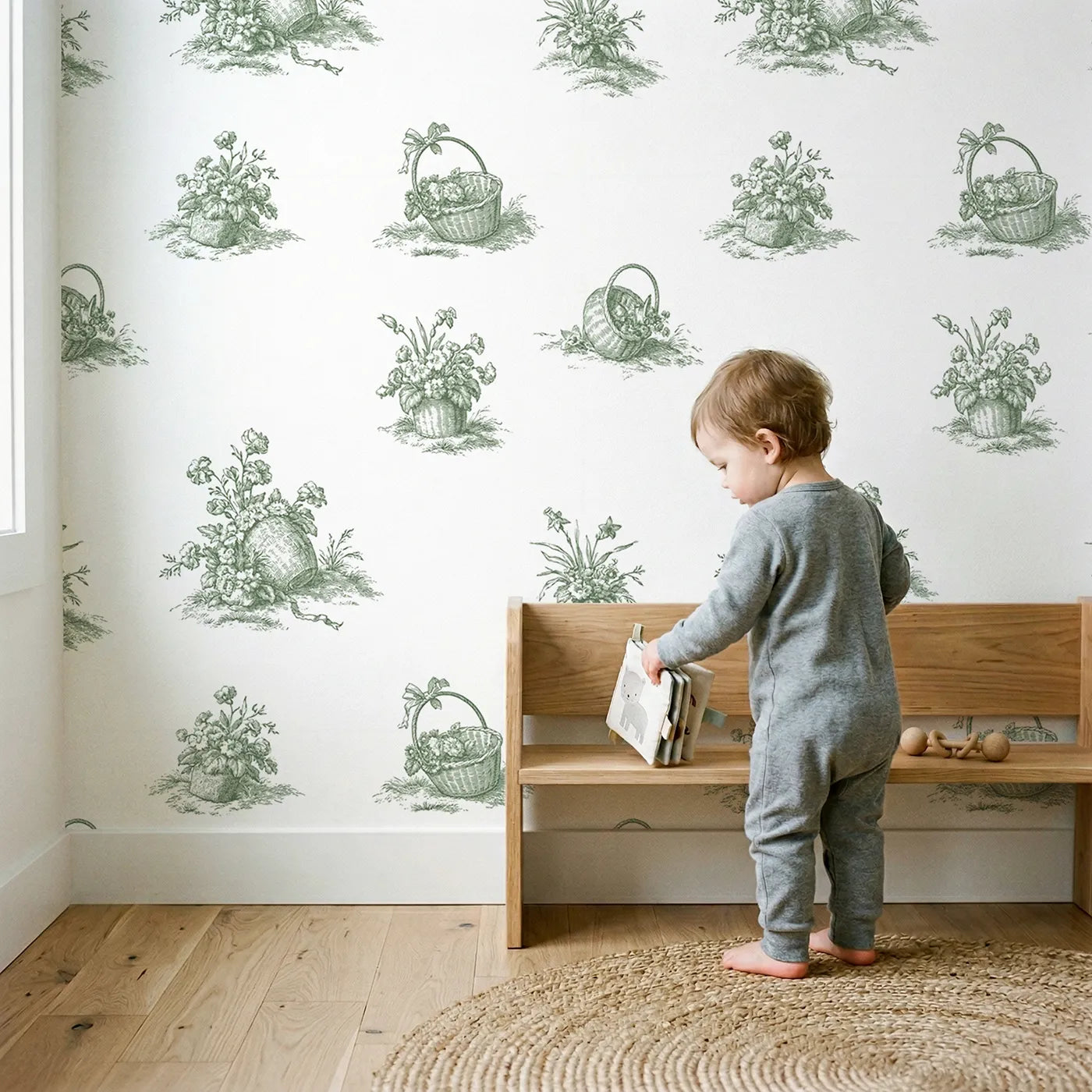 Flower Basket Toile Scene in Green wallpaper in a cozy kids room - Whimsy Tots