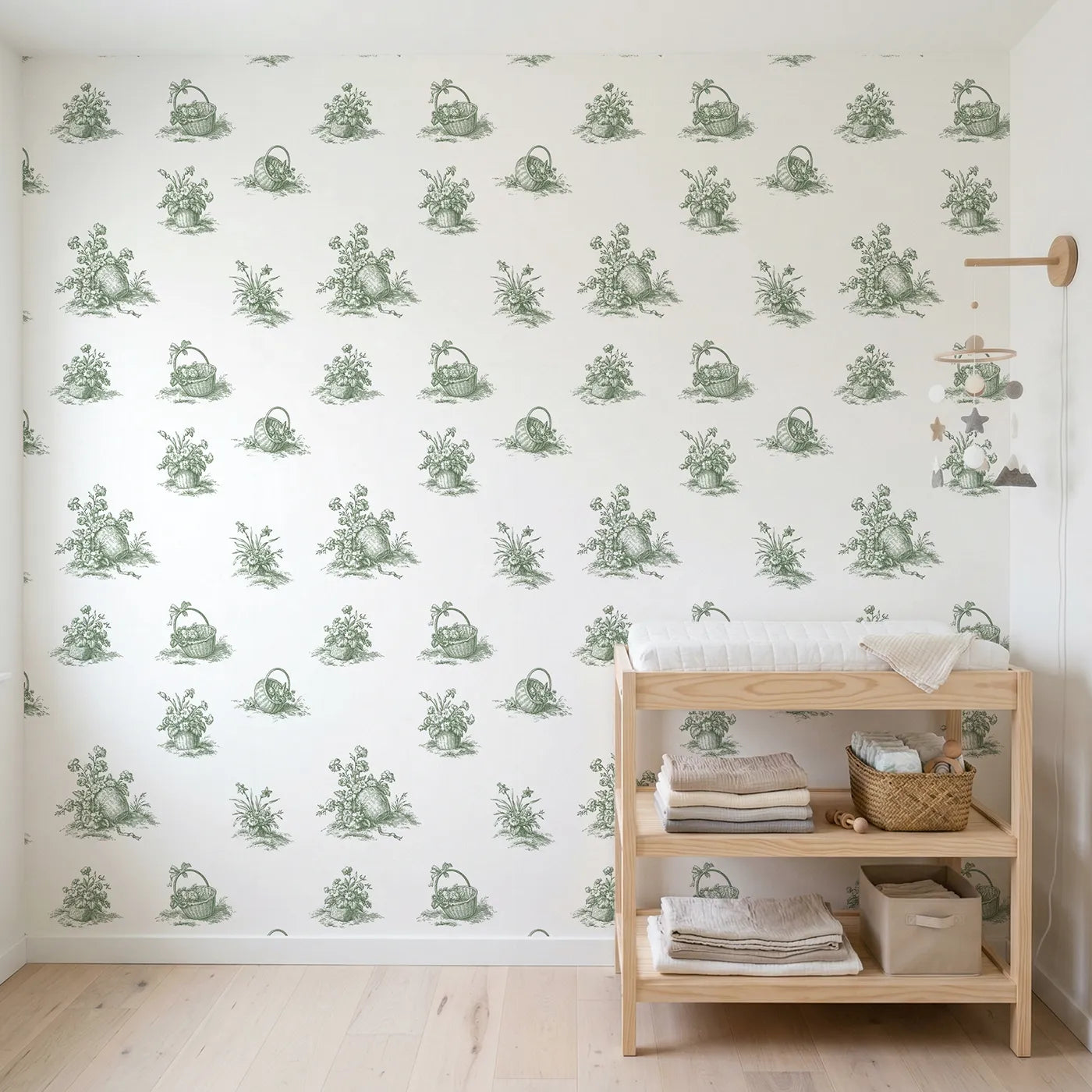 Flower Basket Toile Scene in Green wallpaper in a styled nursery - Whimsy Tots