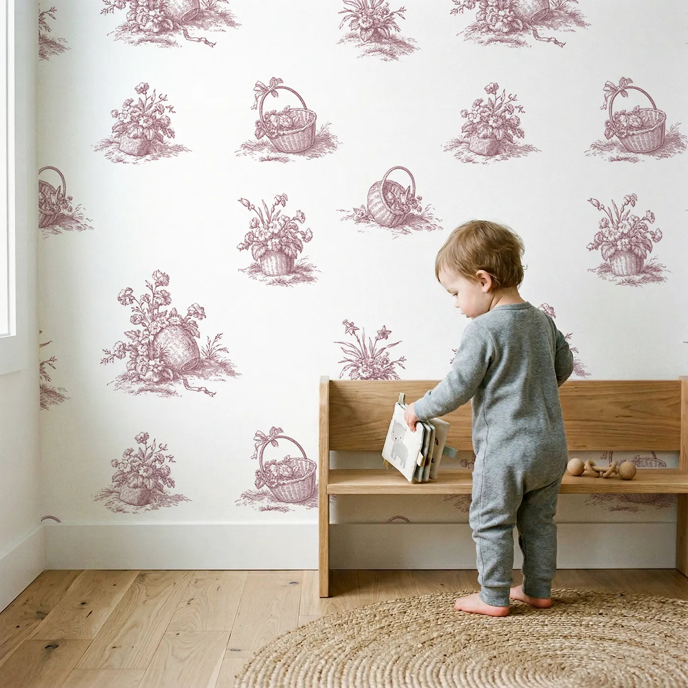Flower Basket Toile Scene in Pink wallpaper in a cozy kids room - Whimsy Tots