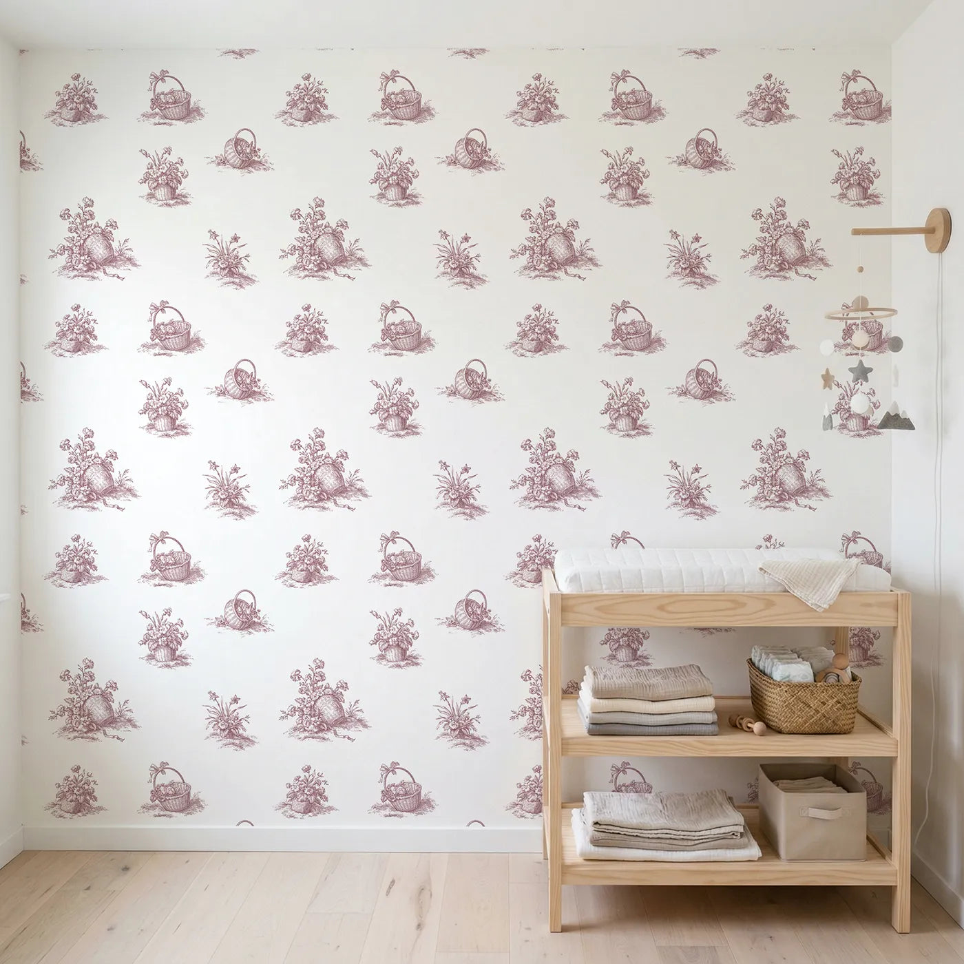 Flower Basket Toile Scene in Pink wallpaper in a styled nursery - Whimsy Tots