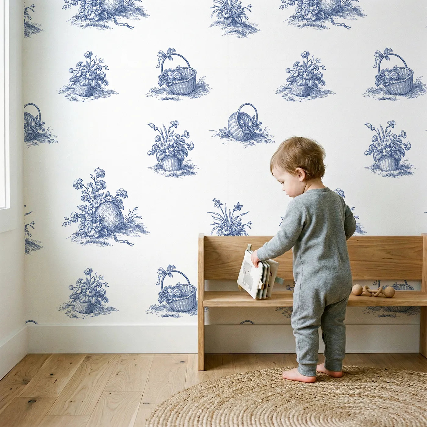 Flower Basket Toile Scene wallpaper in a cozy kids room - Whimsy Tots