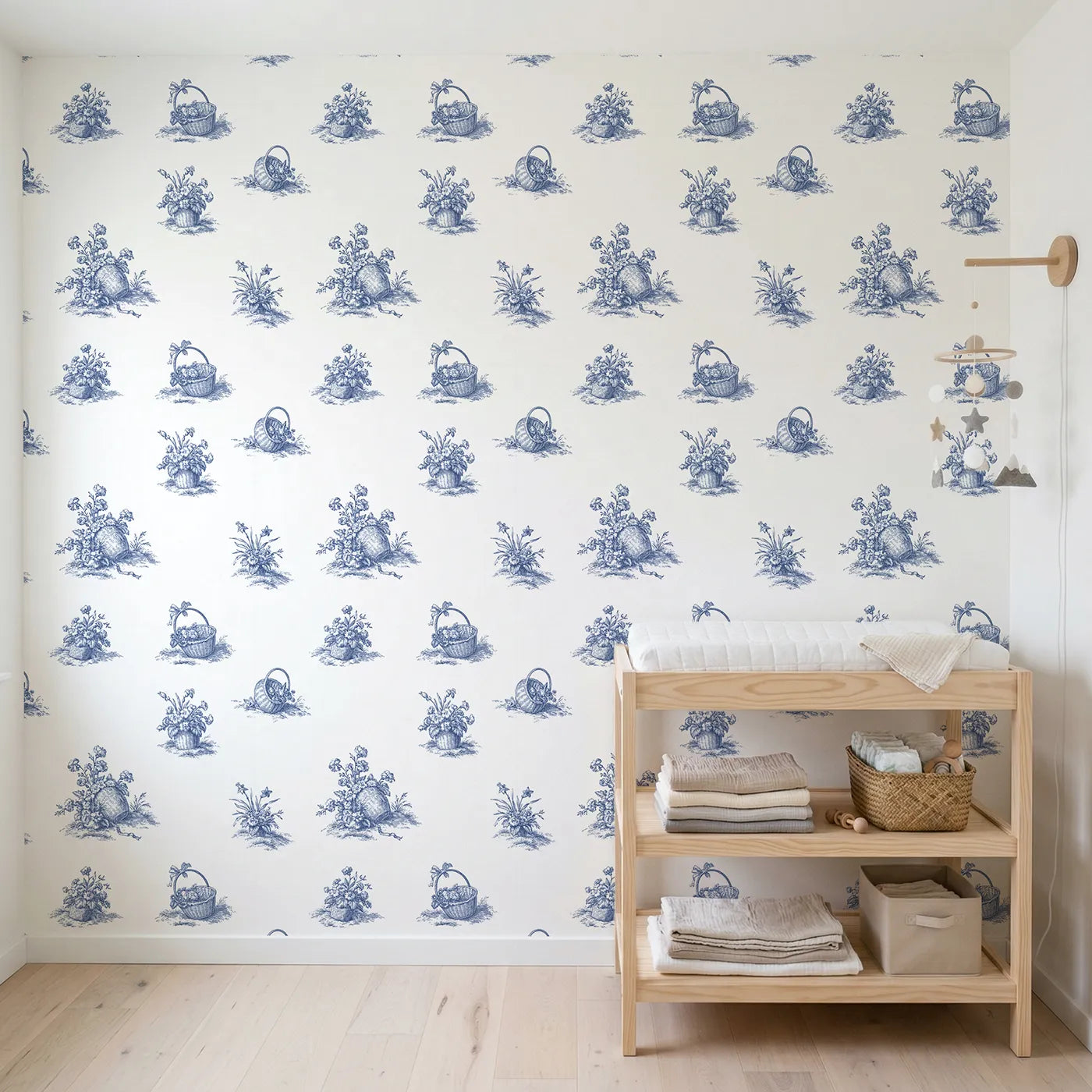 Flower Basket Toile Scene wallpaper in a styled nursery - Whimsy Tots