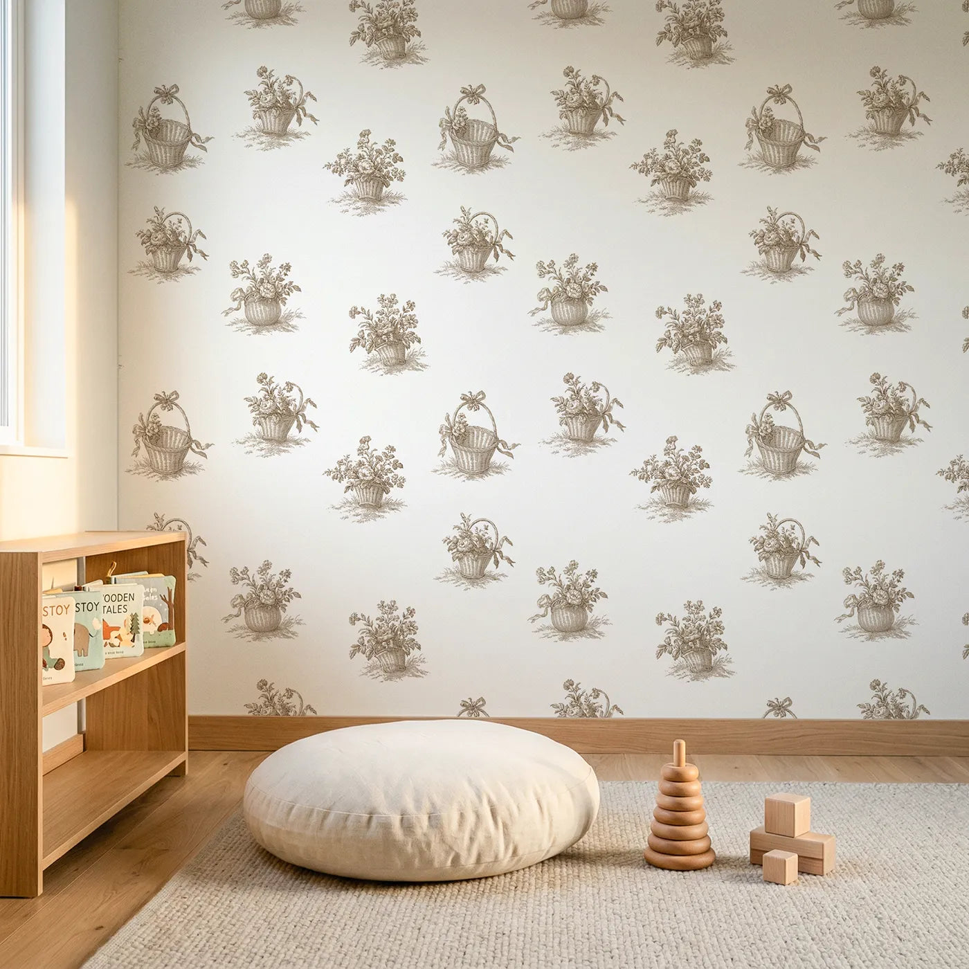 Flower Basket Toile Garden in Brown wallpaper in a styled nursery - Whimsy Tots