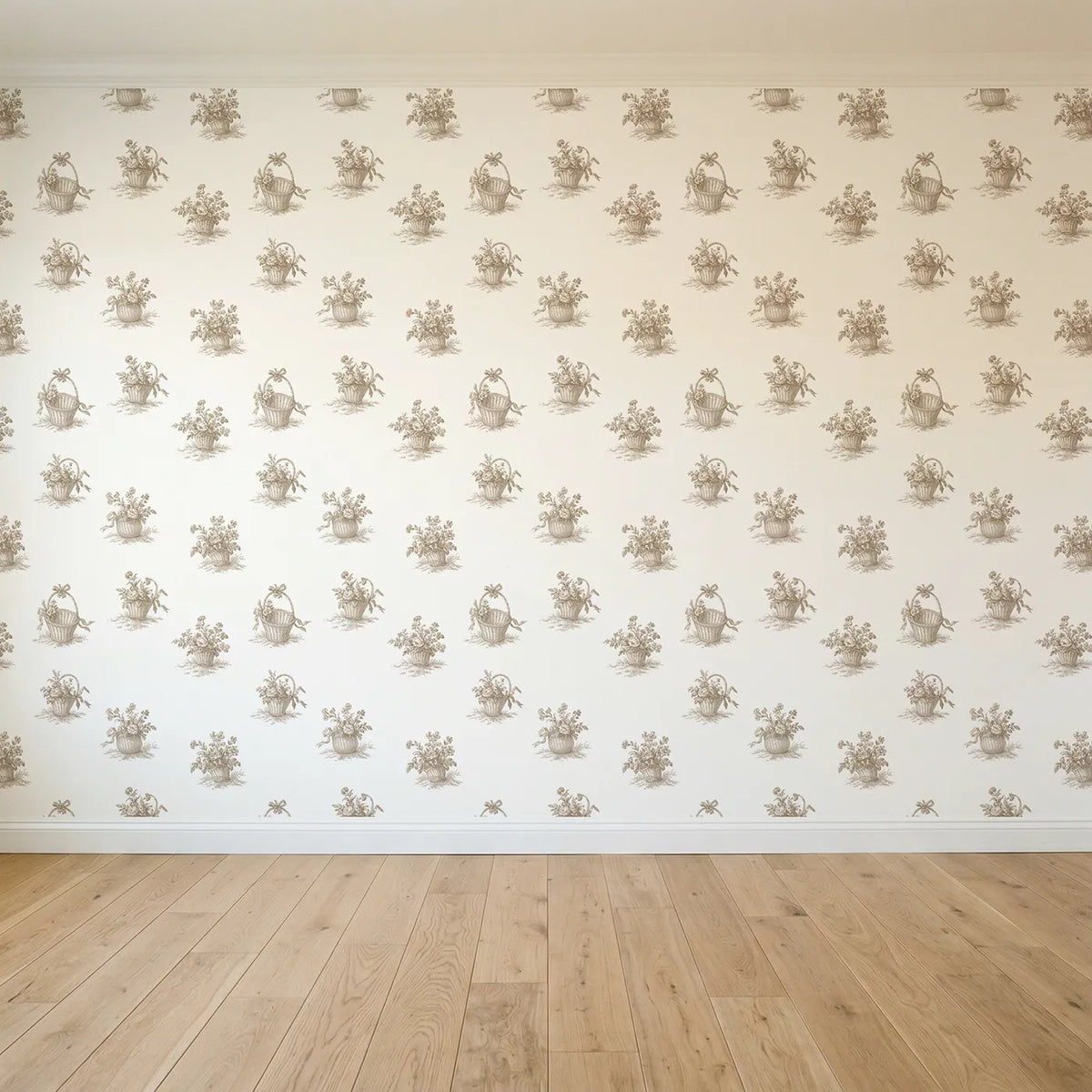 Flower Basket Toile Garden in Brown seamless wallpaper full pattern - Whimsy Tots