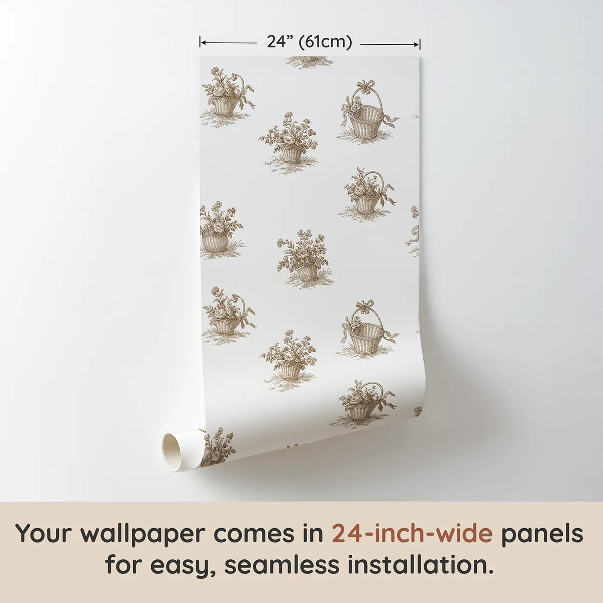 Flower Basket Toile Garden in Brown wallpaper panel dimensions - Whimsy Tots