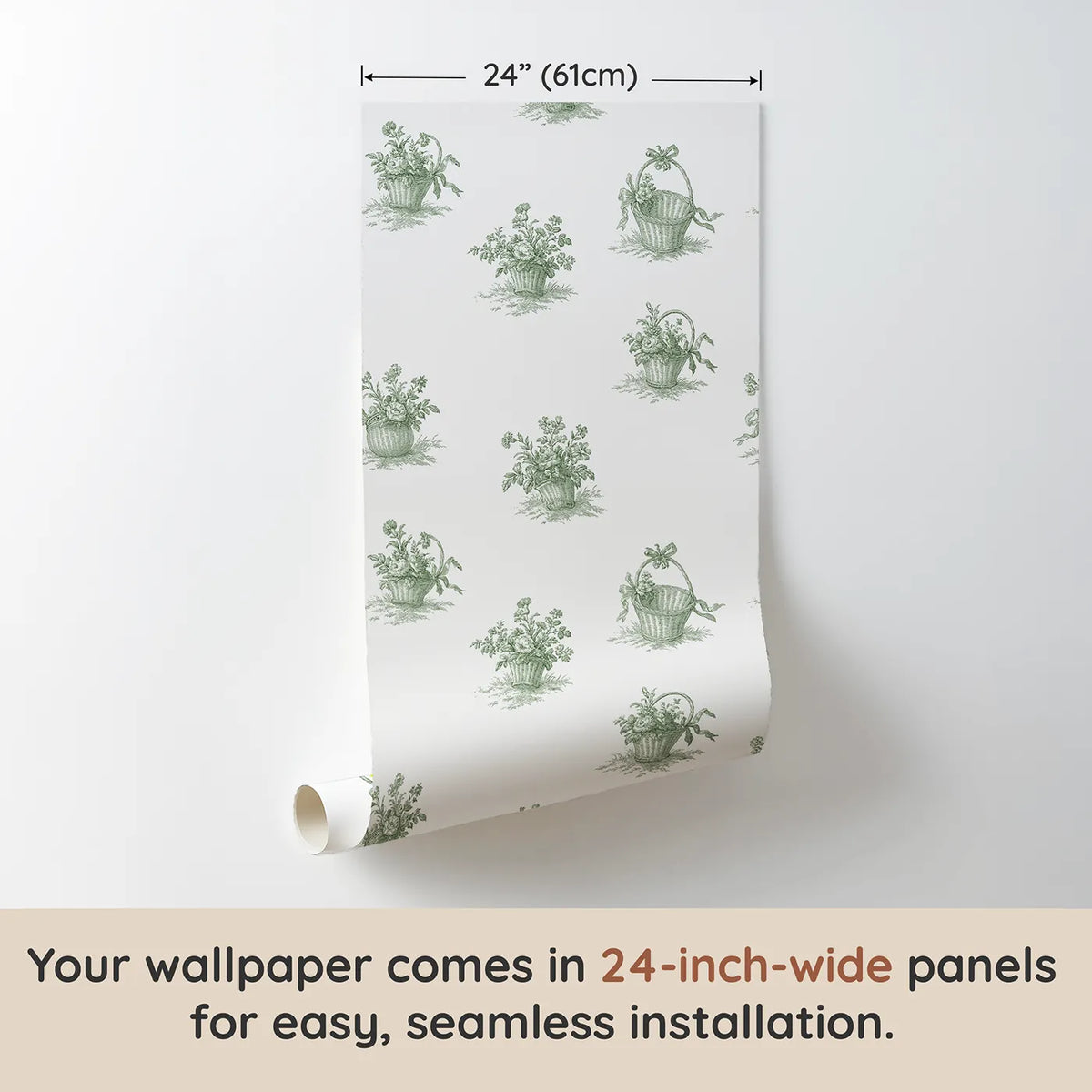 Flower Basket Toile Garden in Green wallpaper panel dimensions - Whimsy Tots