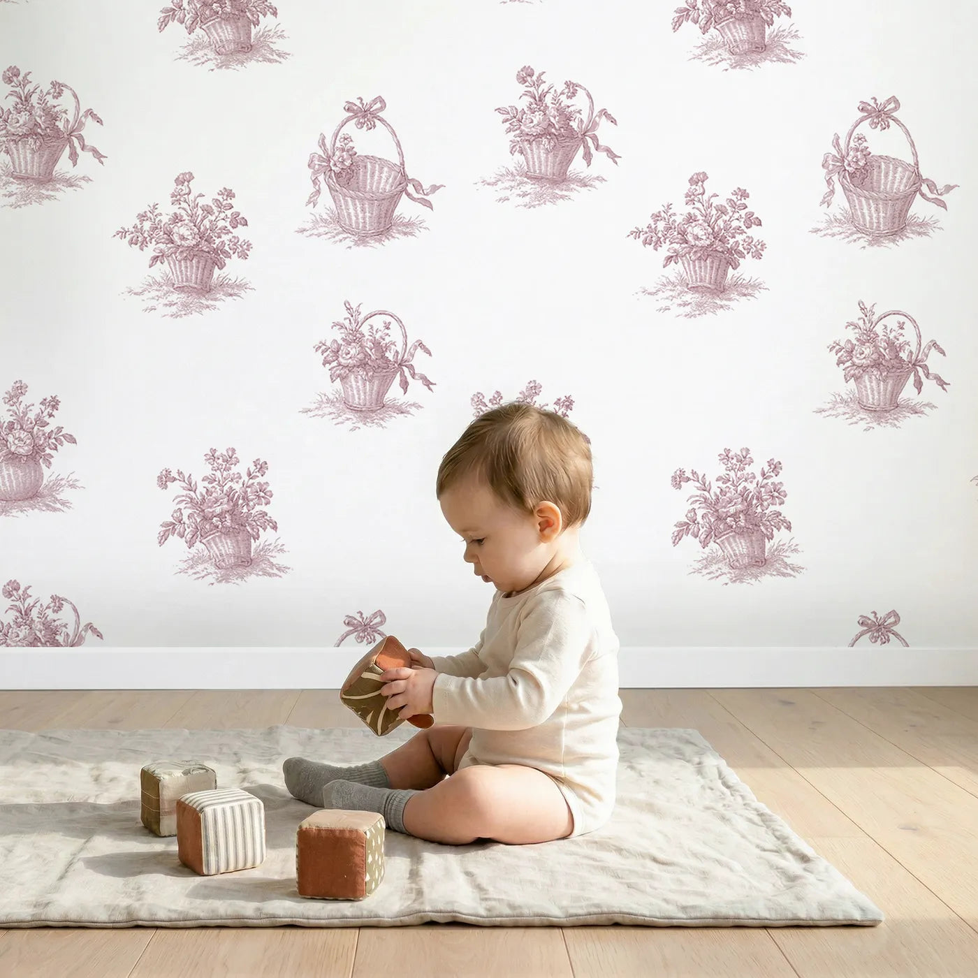 Flower Basket Toile Garden in Pink wallpaper in a cozy kids room - Whimsy Tots