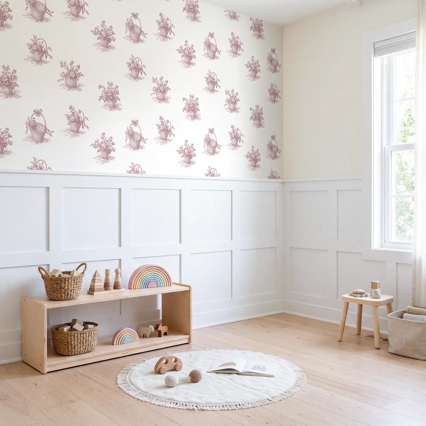 Flower Basket Toile Garden in Pink wallpaper above wainscoting - Whimsy Tots