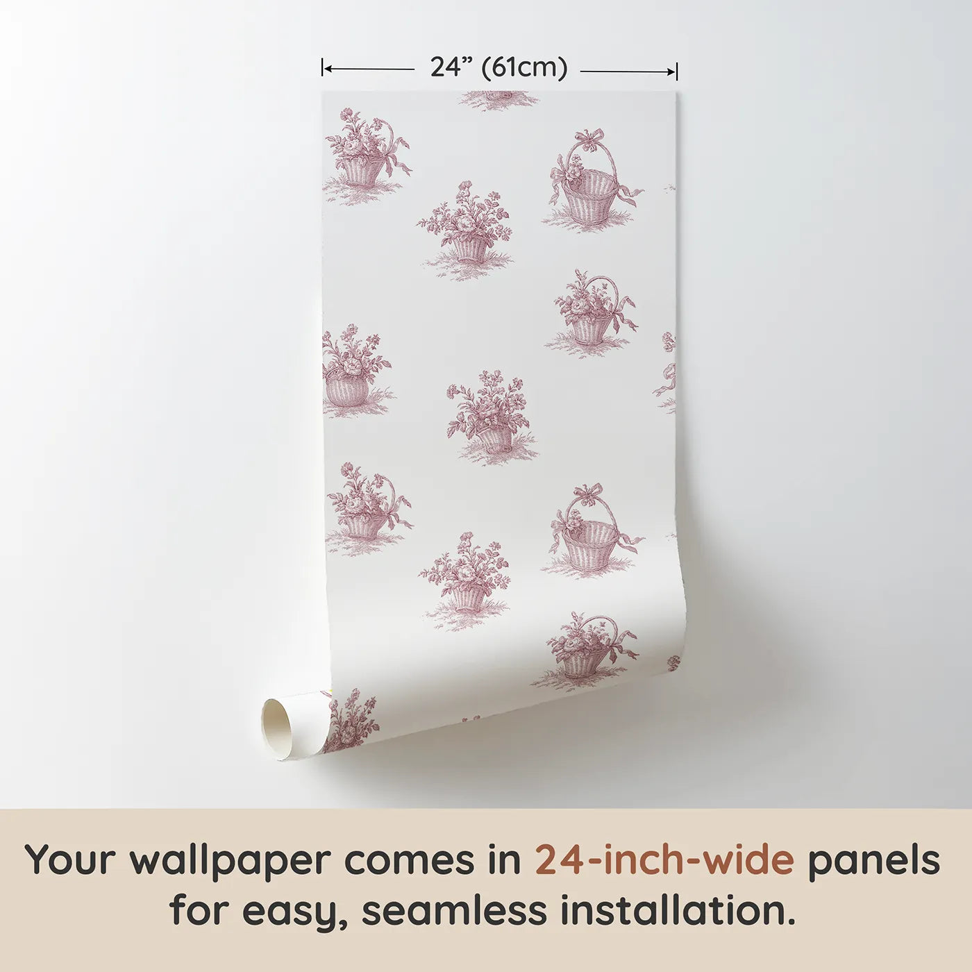 Flower Basket Toile Garden in Pink wallpaper panel dimensions - Whimsy Tots