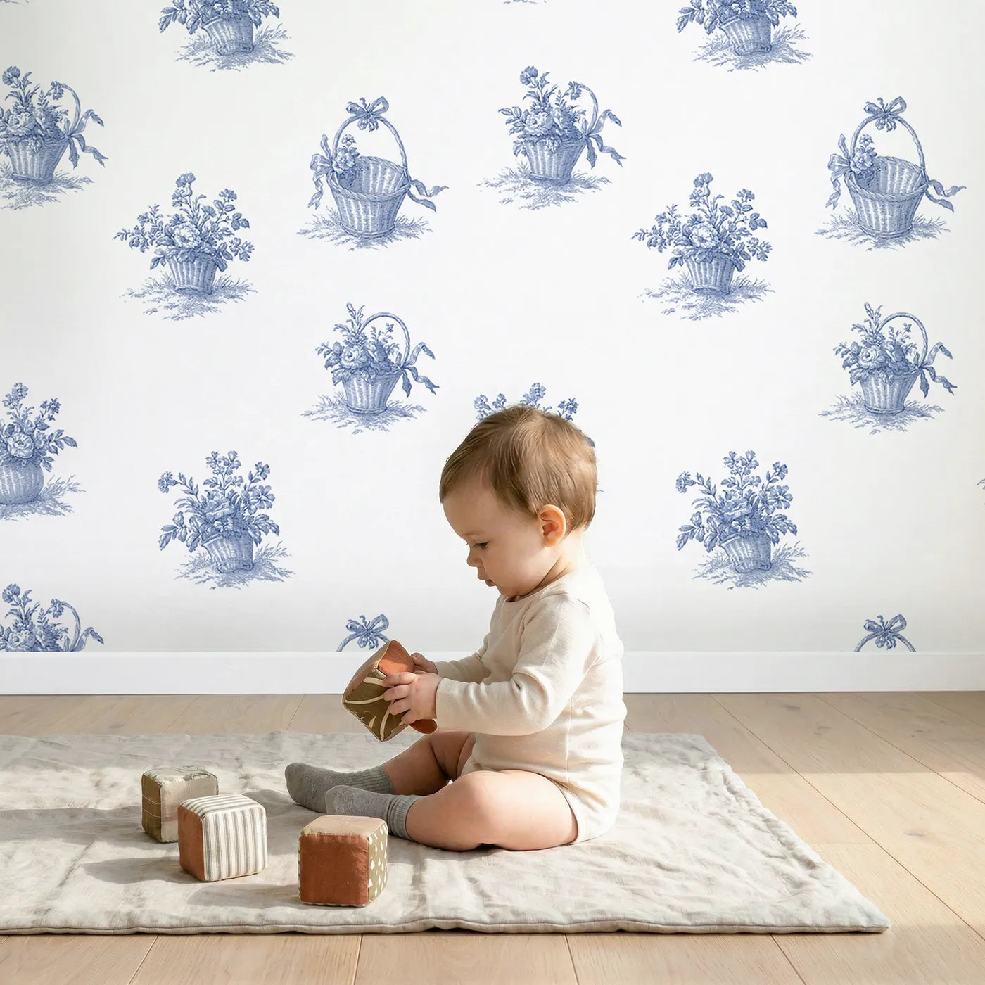Flower Basket Toile Garden wallpaper in a cozy kids room - Whimsy Tots
