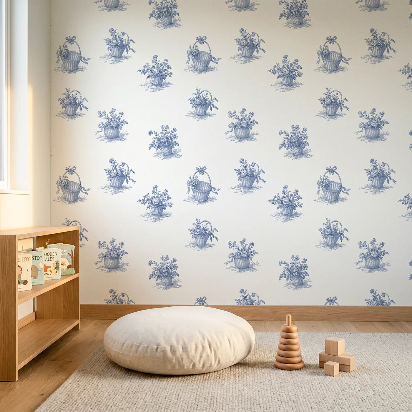 Flower Basket Toile Garden wallpaper in a styled nursery - Whimsy Tots