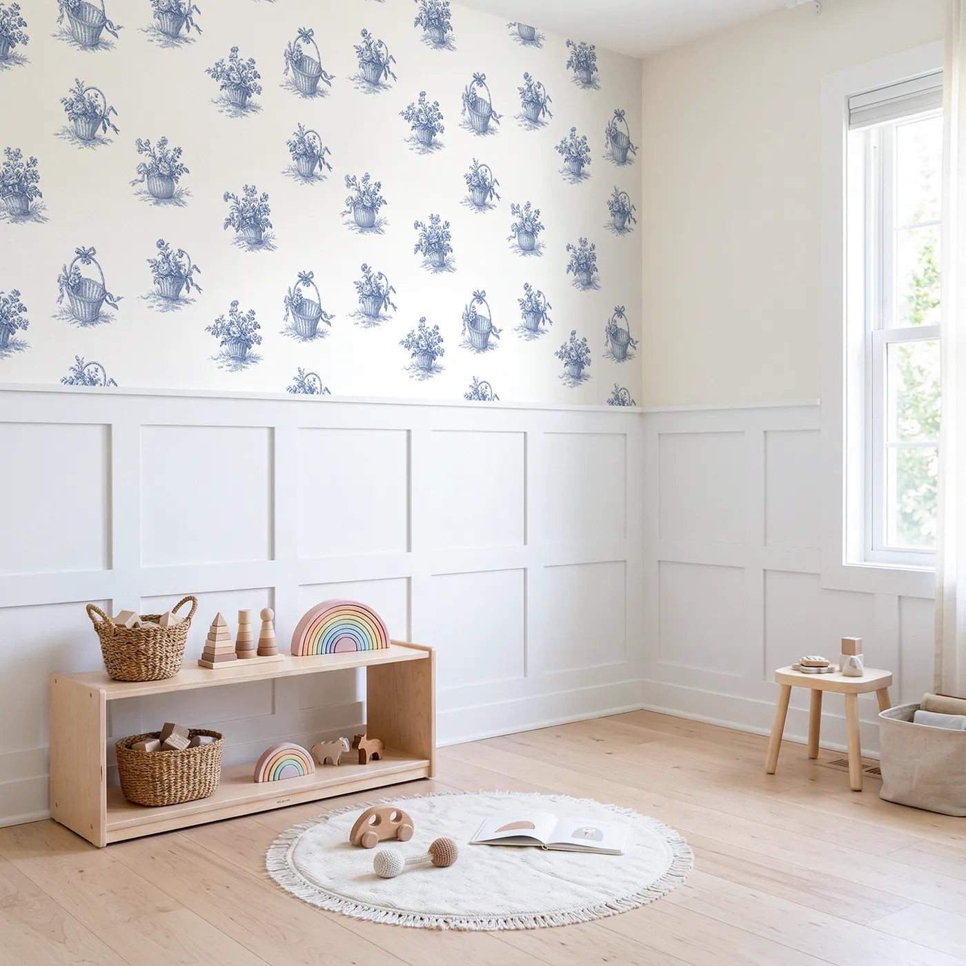 Flower Basket Toile Garden wallpaper above wainscoting - Whimsy Tots