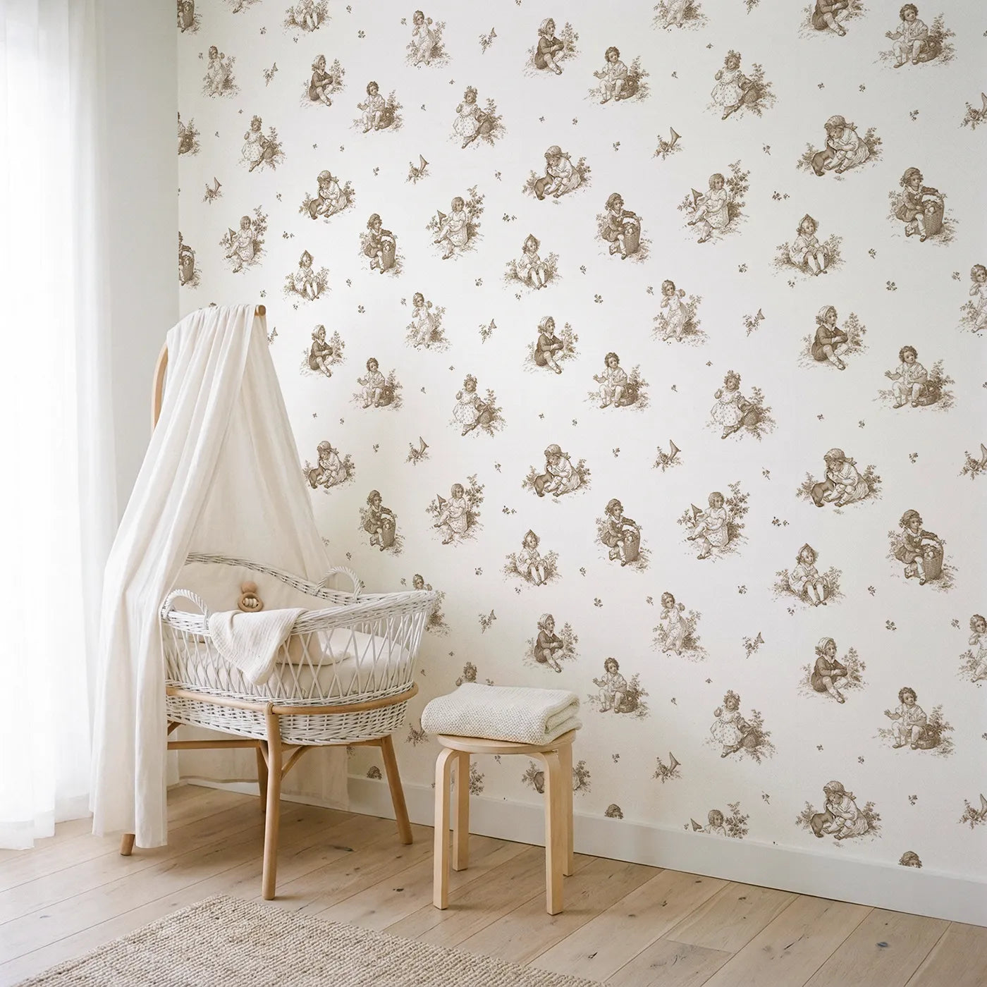 Pastoral Toile Toss in Brown wallpaper in a styled nursery - Whimsy Tots