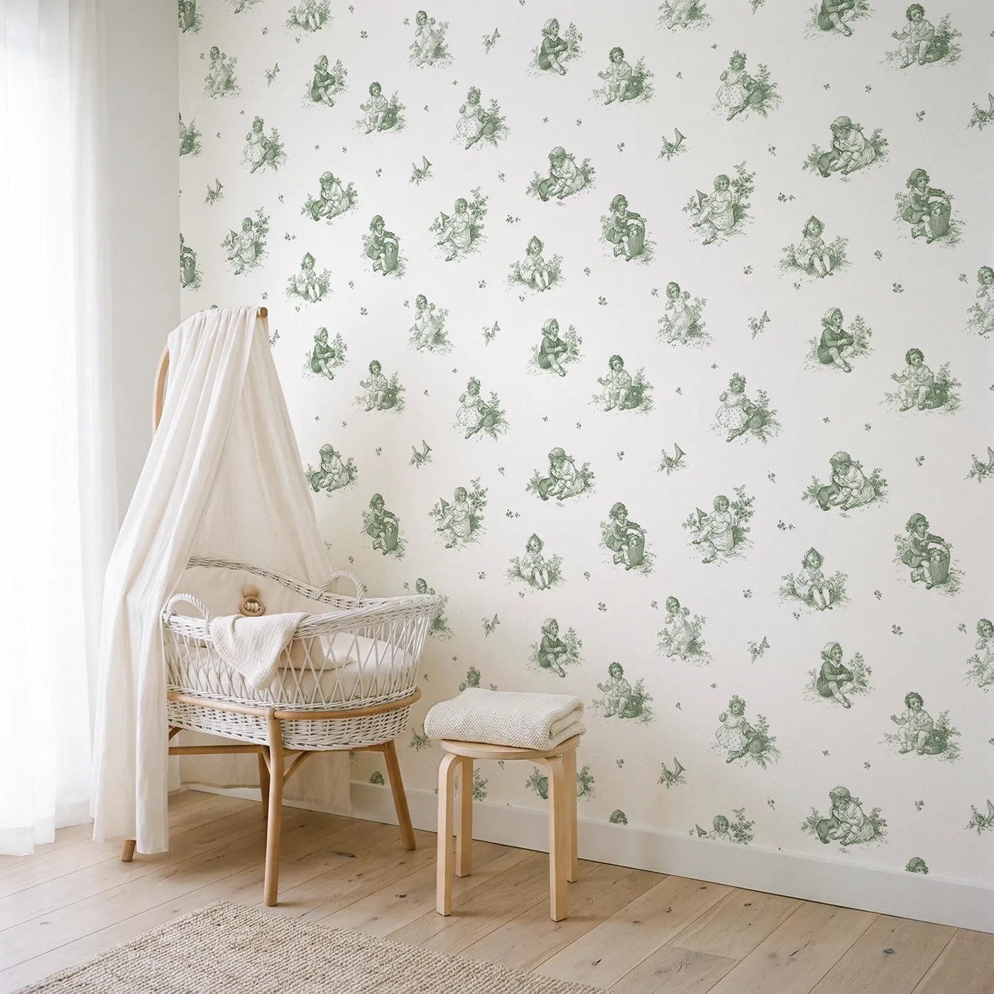 Pastoral Toile Toss in Green wallpaper in a styled nursery - Whimsy Tots
