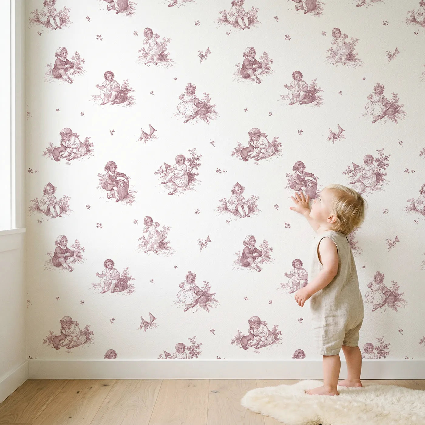 Pastoral Toile Toss in Pink wallpaper in a cozy kids room - Whimsy Tots