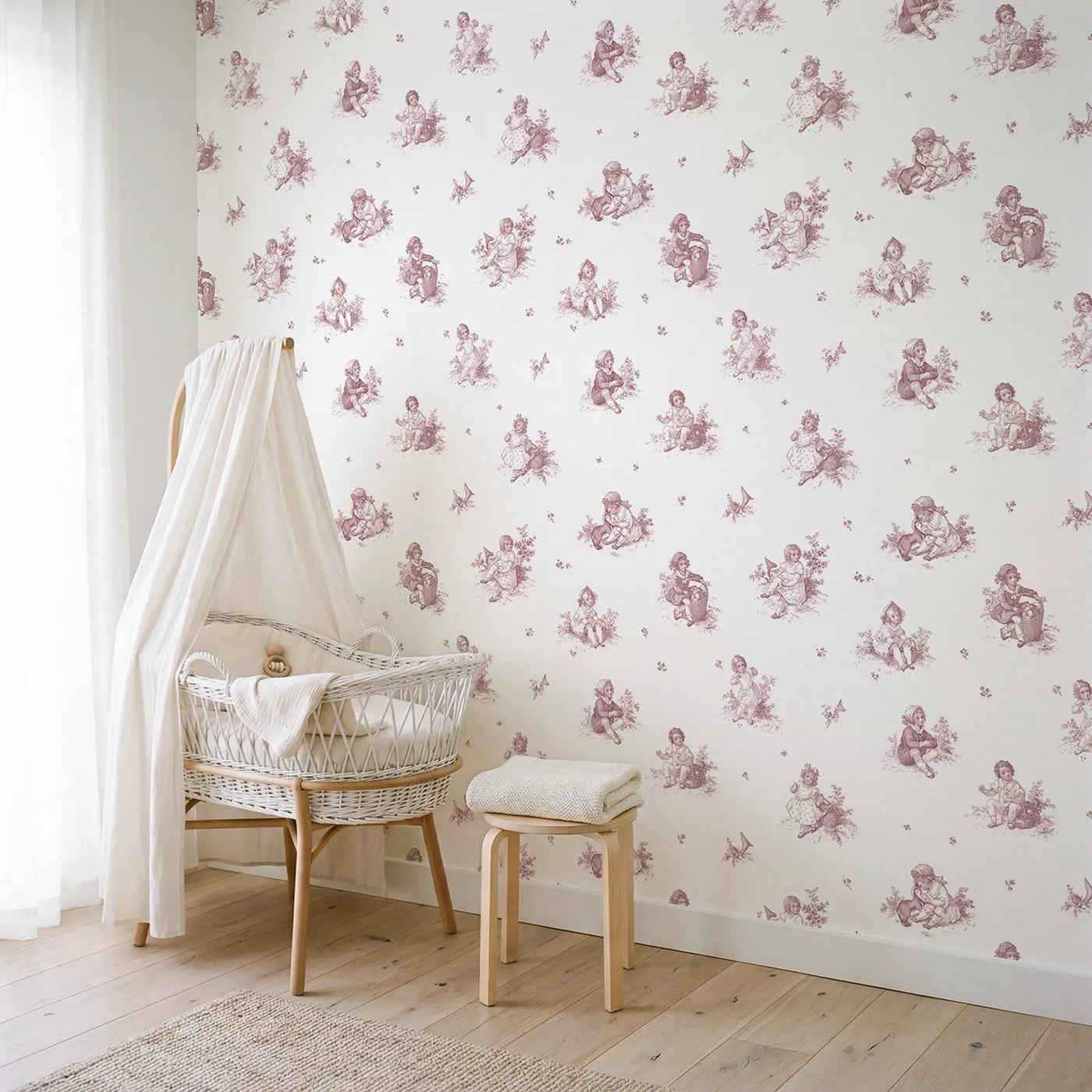 Pastoral Toile Toss in Pink wallpaper in a styled nursery - Whimsy Tots