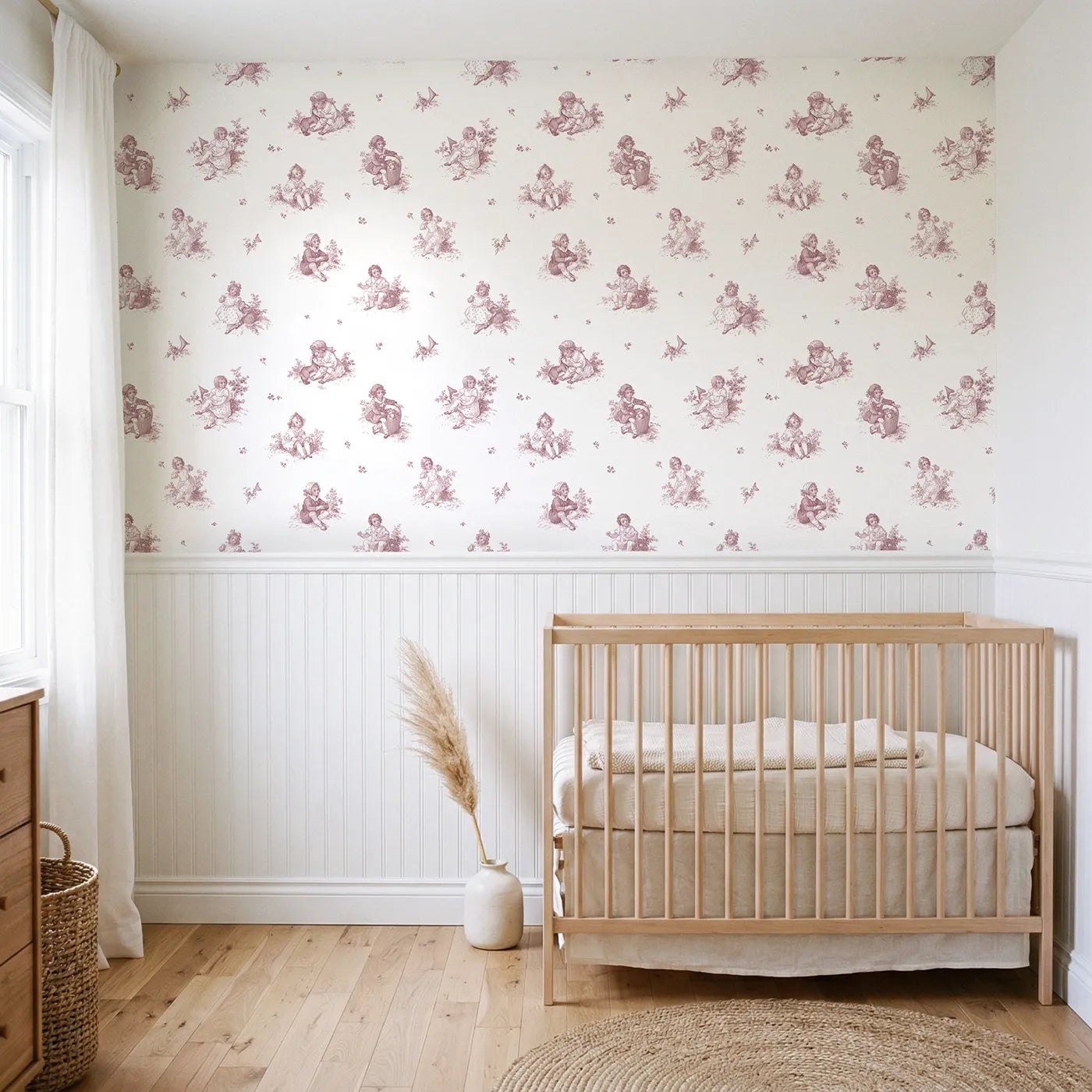 Pastoral Toile Toss in Pink wallpaper above wainscoting - Whimsy Tots