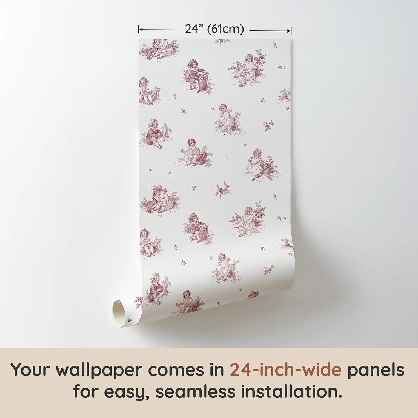 Pastoral Toile Toss in Pink wallpaper panel dimensions - Whimsy Tots