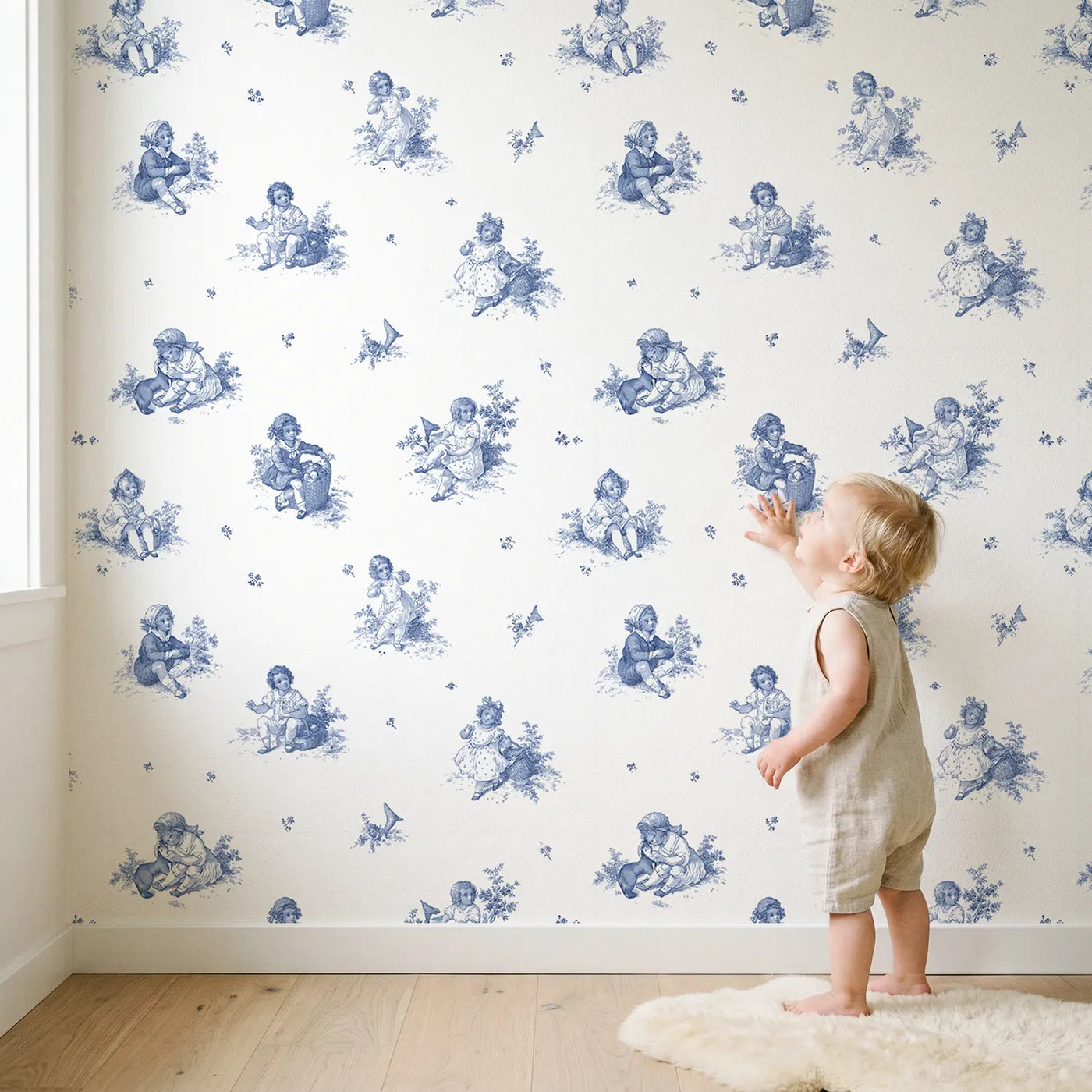 Pastoral Toile Toss wallpaper in a cozy kids room - Whimsy Tots