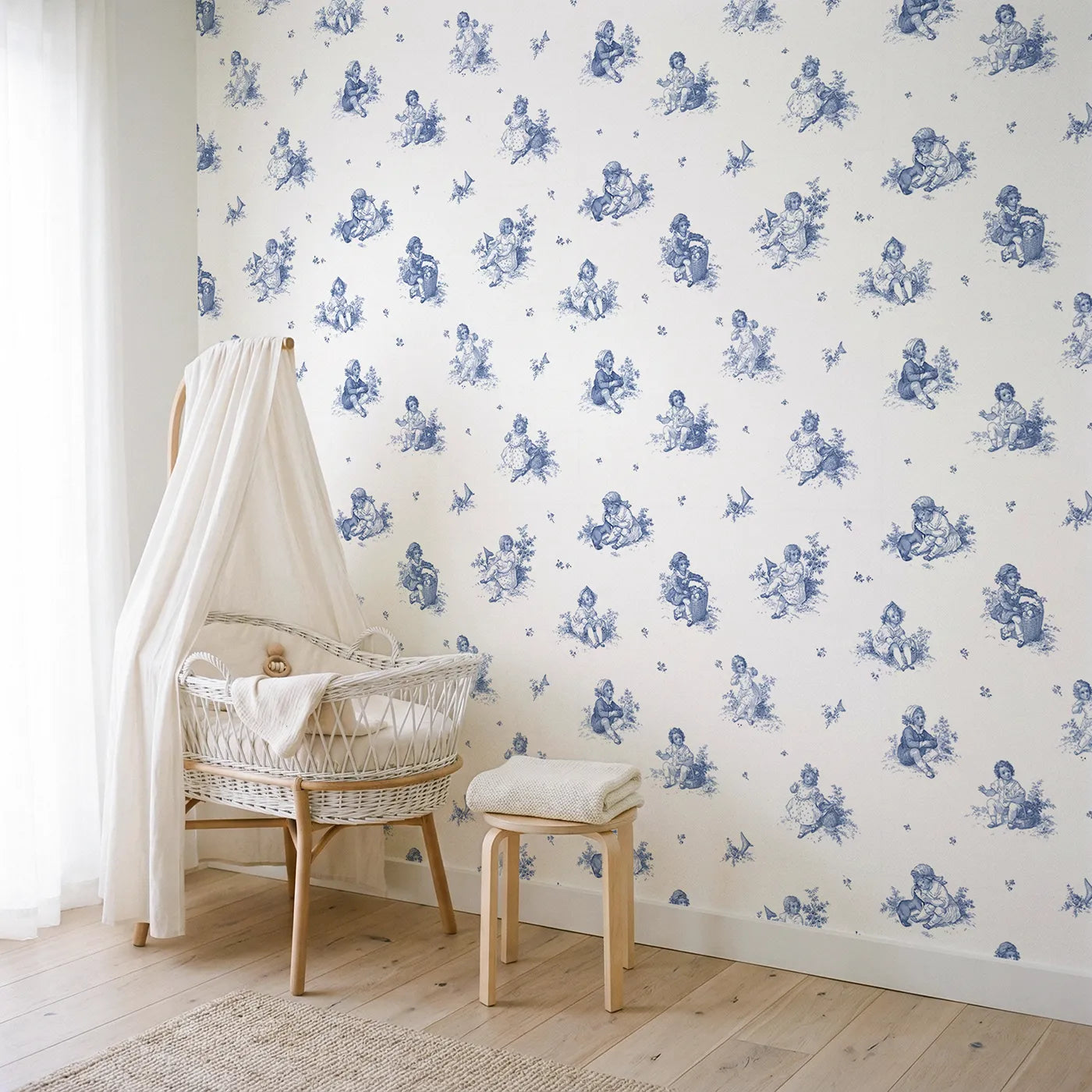 Pastoral Toile Toss wallpaper in a styled nursery - Whimsy Tots