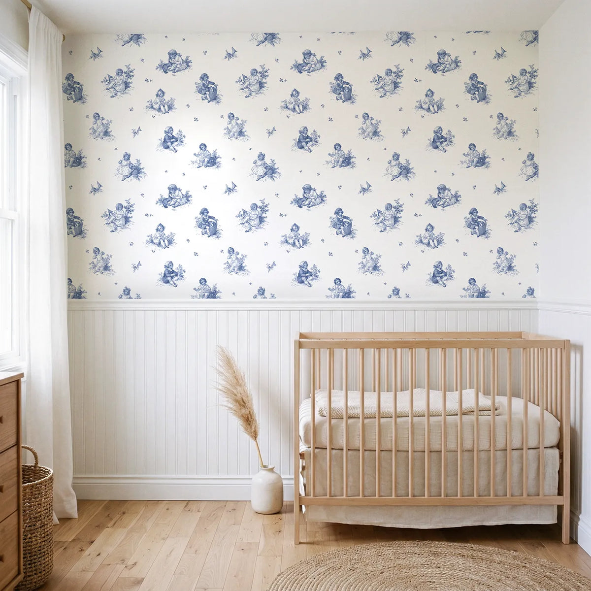 Pastoral Toile Toss wallpaper above wainscoting - Whimsy Tots