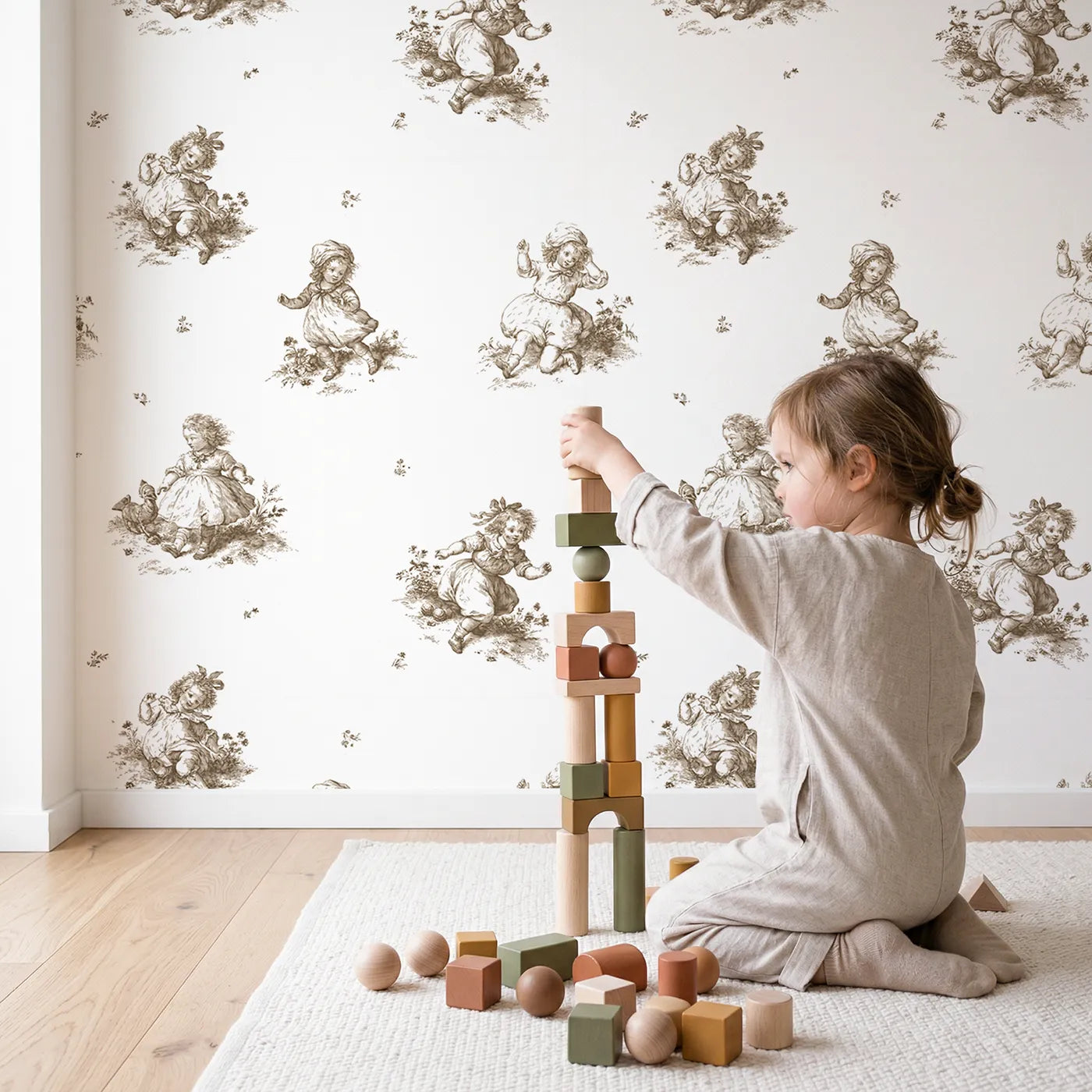 Pastoral Toile Rows in Brown wallpaper in a cozy kids room - Whimsy Tots