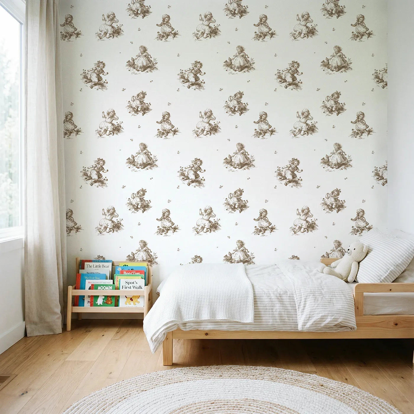 Pastoral Toile Rows in Brown wallpaper in a styled nursery - Whimsy Tots