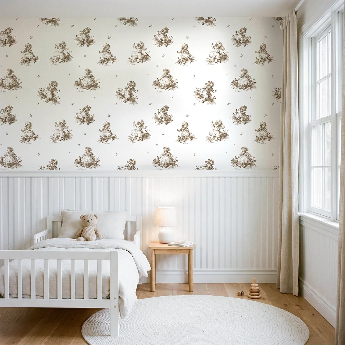 Pastoral Toile Rows in Brown wallpaper above wainscoting - Whimsy Tots