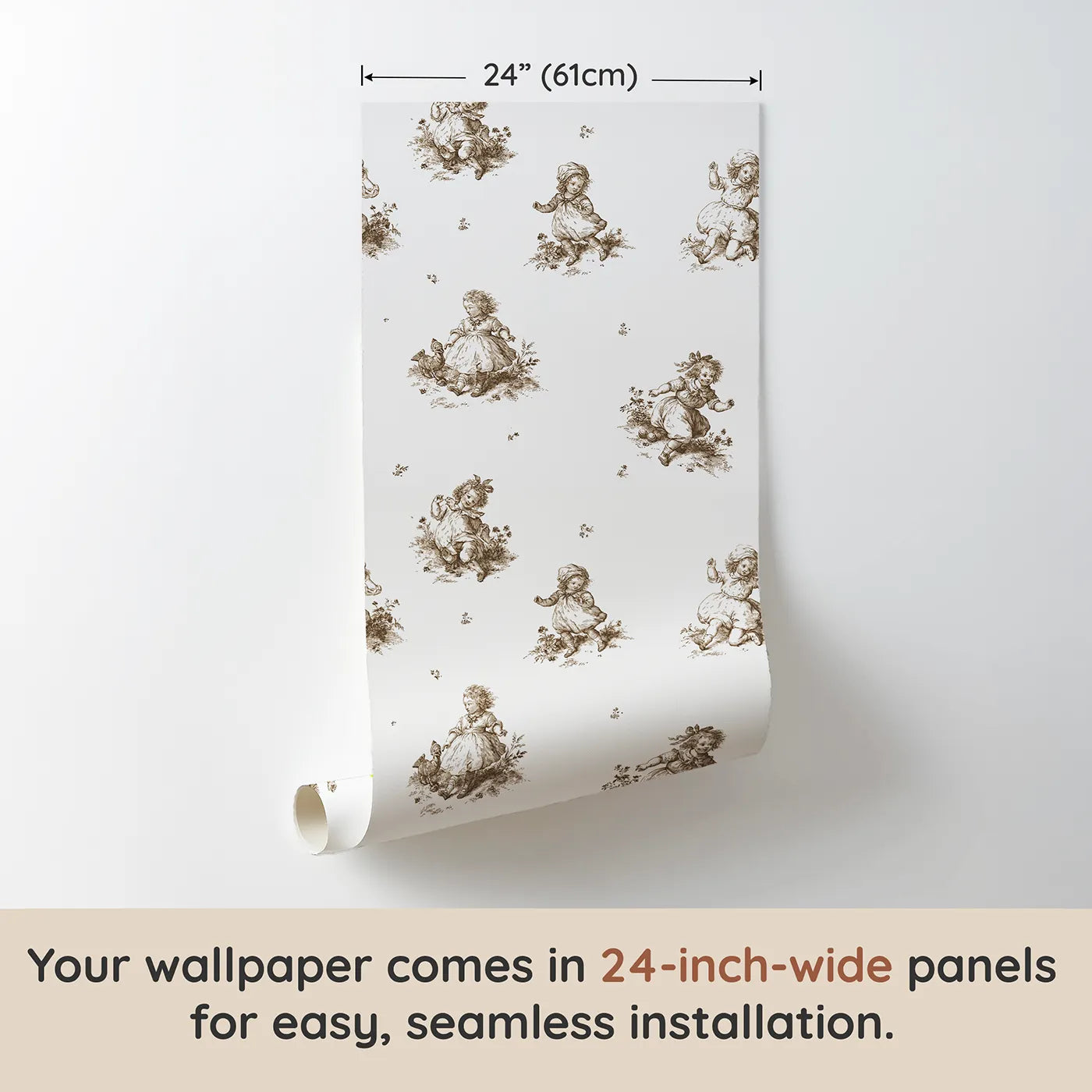 Pastoral Toile Rows in Brown wallpaper panel dimensions - Whimsy Tots