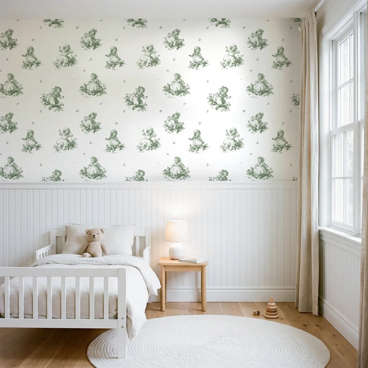 Pastoral Toile Rows in Green wallpaper above wainscoting - Whimsy Tots