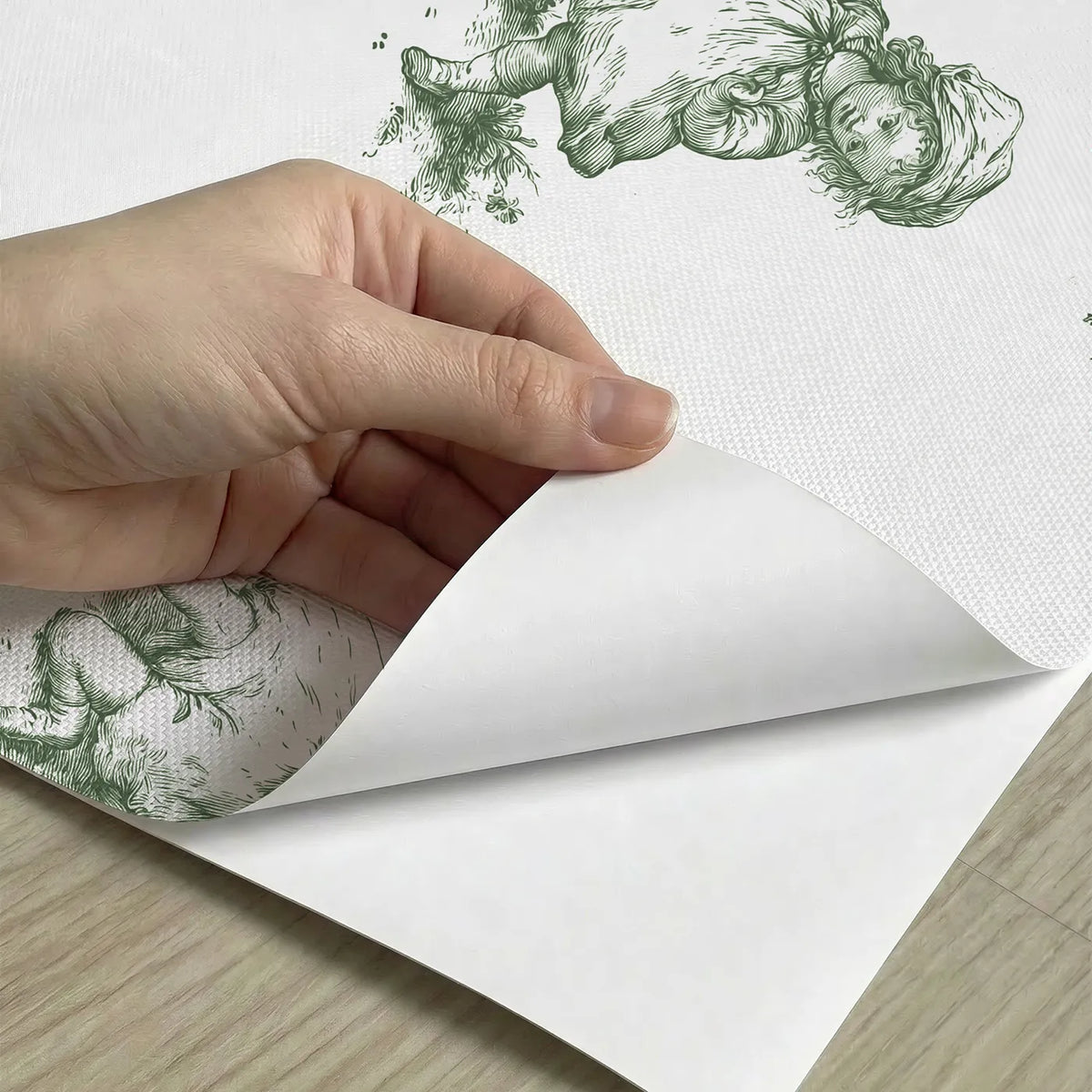 Pastoral Toile Rows in Green peel and stick material close-up - Whimsy Tots