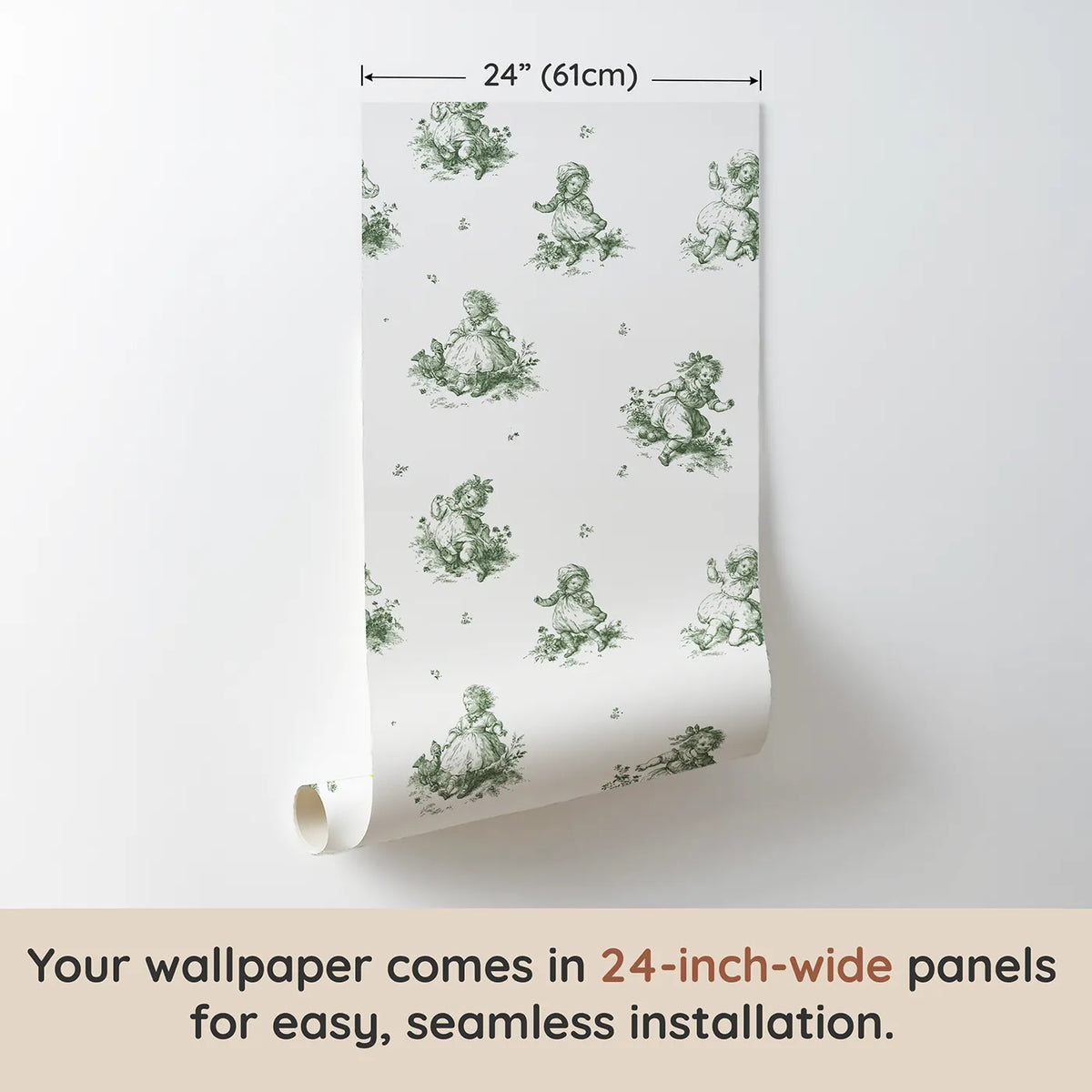 Pastoral Toile Rows in Green wallpaper panel dimensions - Whimsy Tots