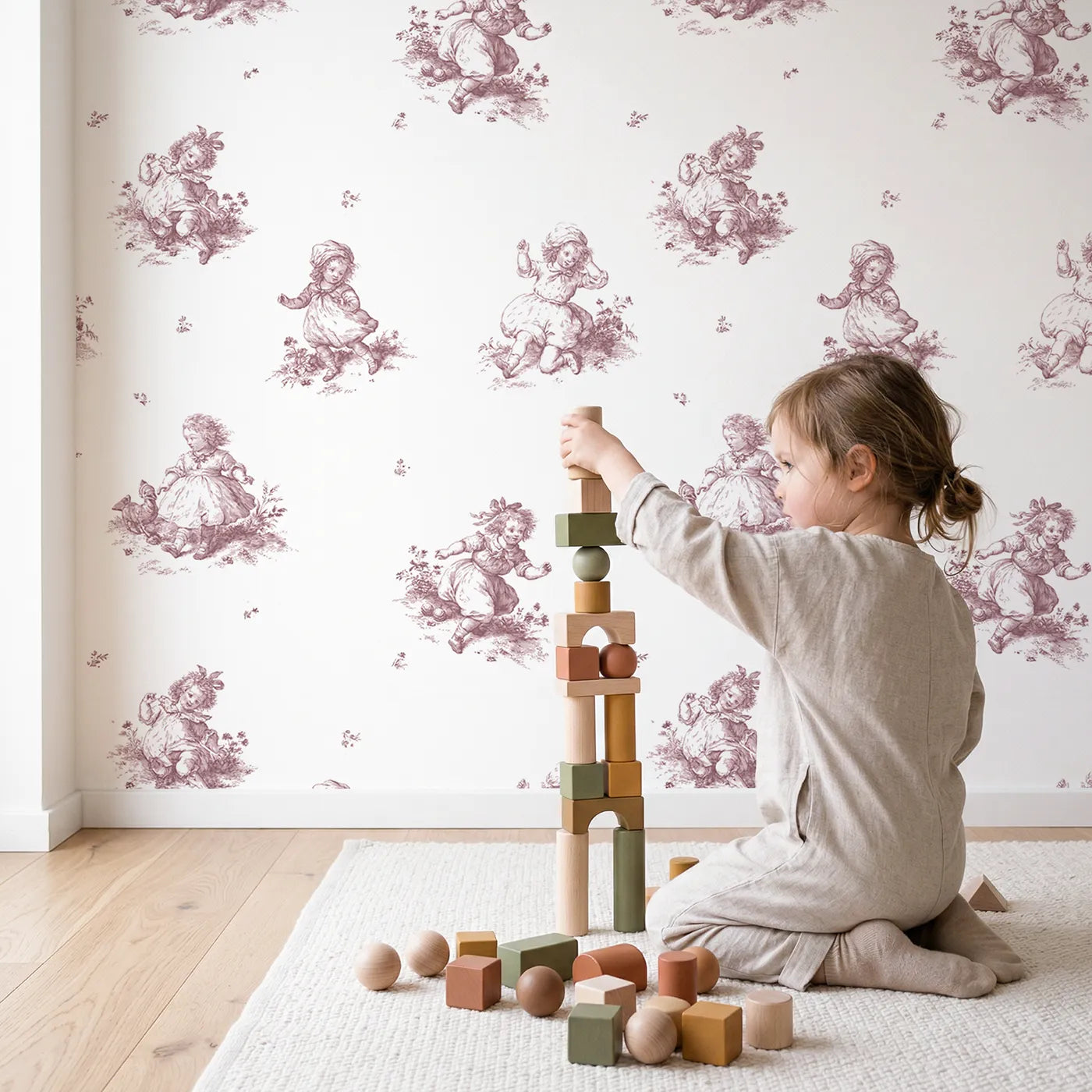 Pastoral Toile Rows in Pink wallpaper in a cozy kids room - Whimsy Tots