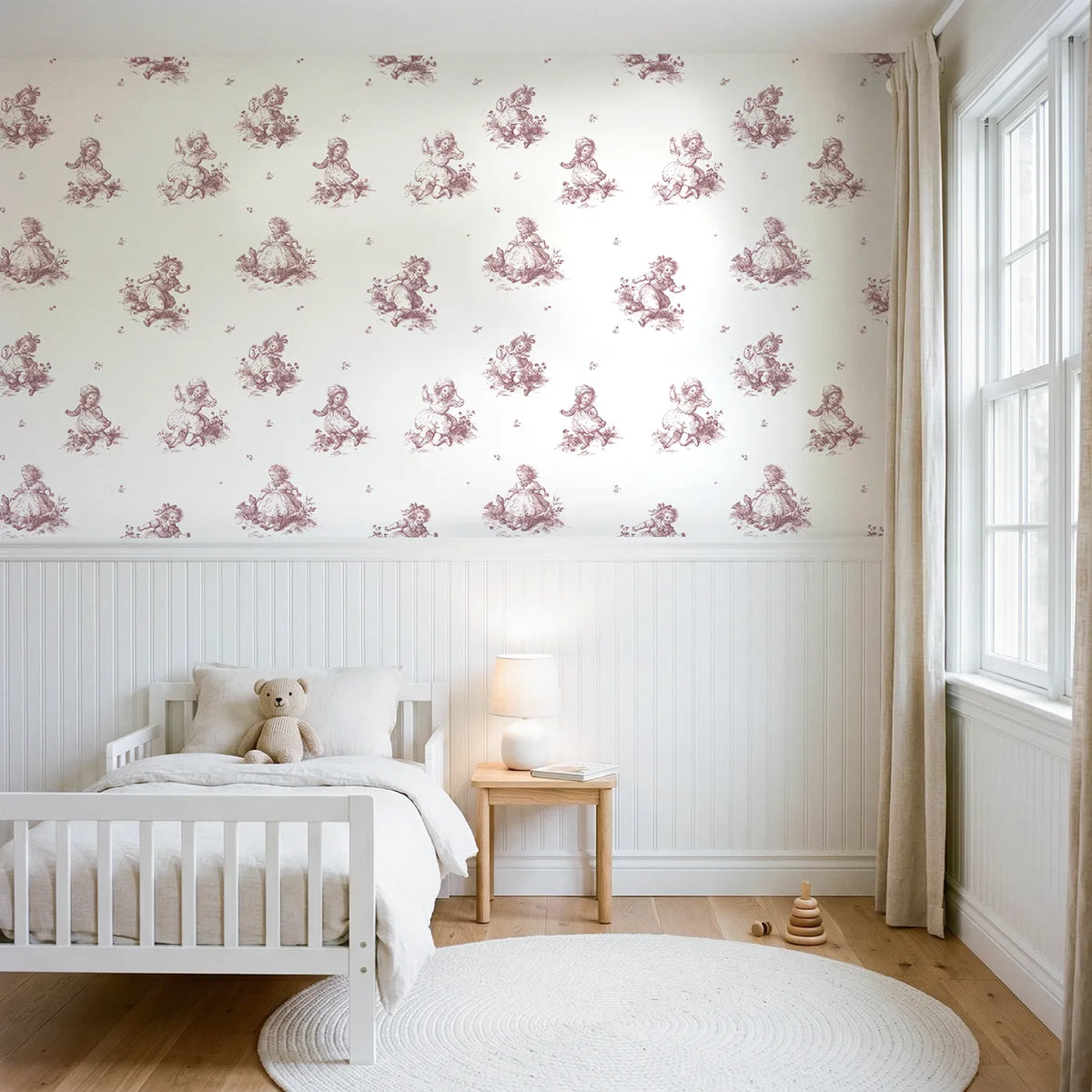 Pastoral Toile Rows in Pink wallpaper above wainscoting - Whimsy Tots