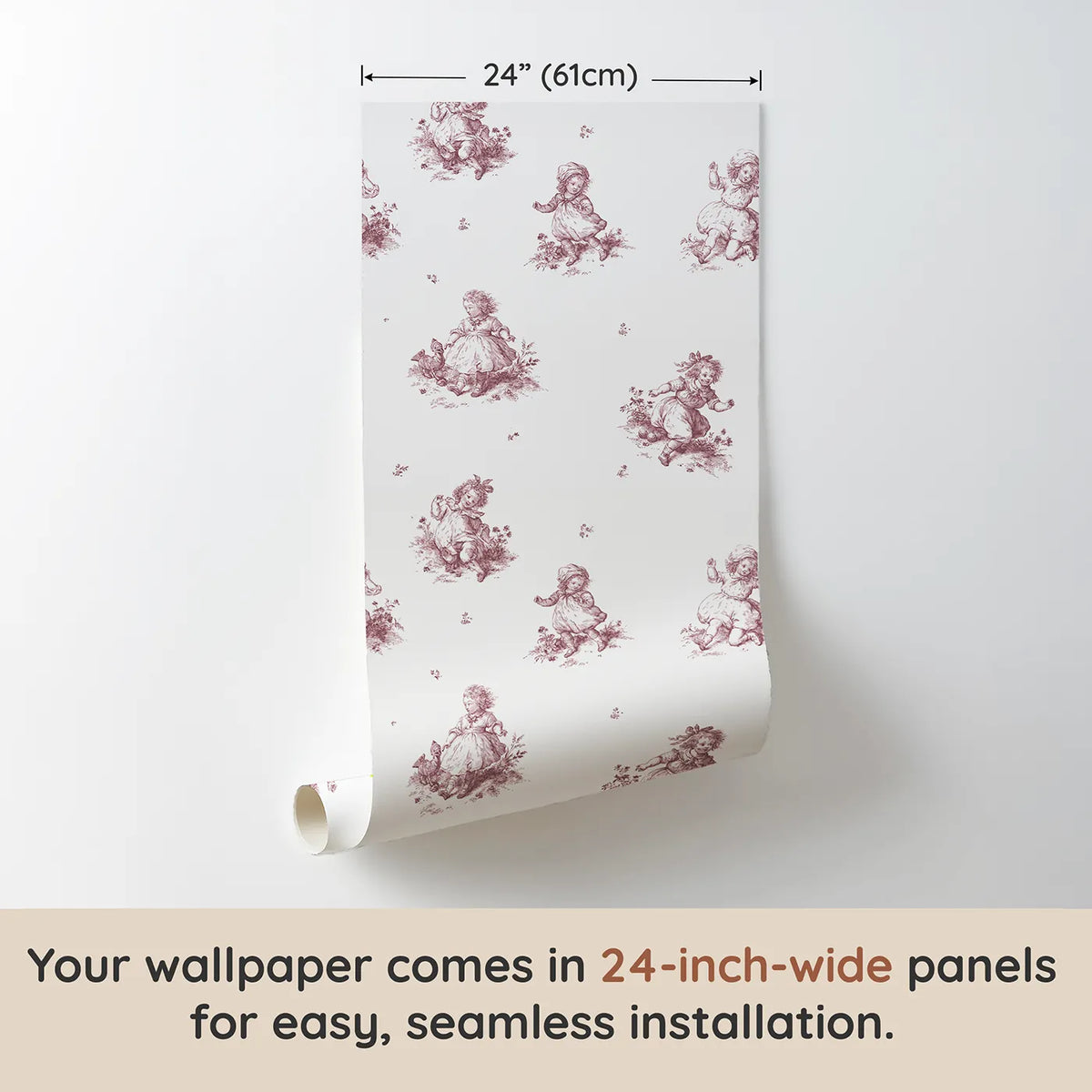 Pastoral Toile Rows in Pink wallpaper panel dimensions - Whimsy Tots