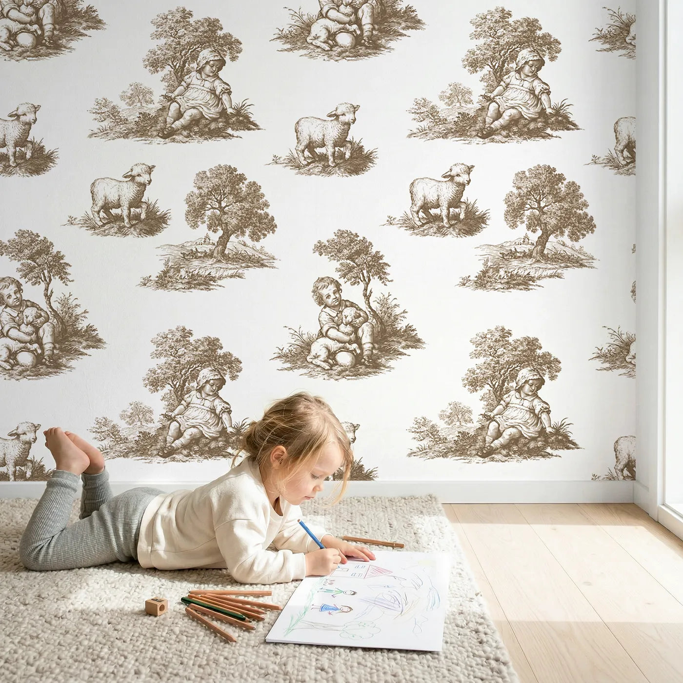 Pastoral Toile Scene in Brown wallpaper in a cozy kids room - Whimsy Tots